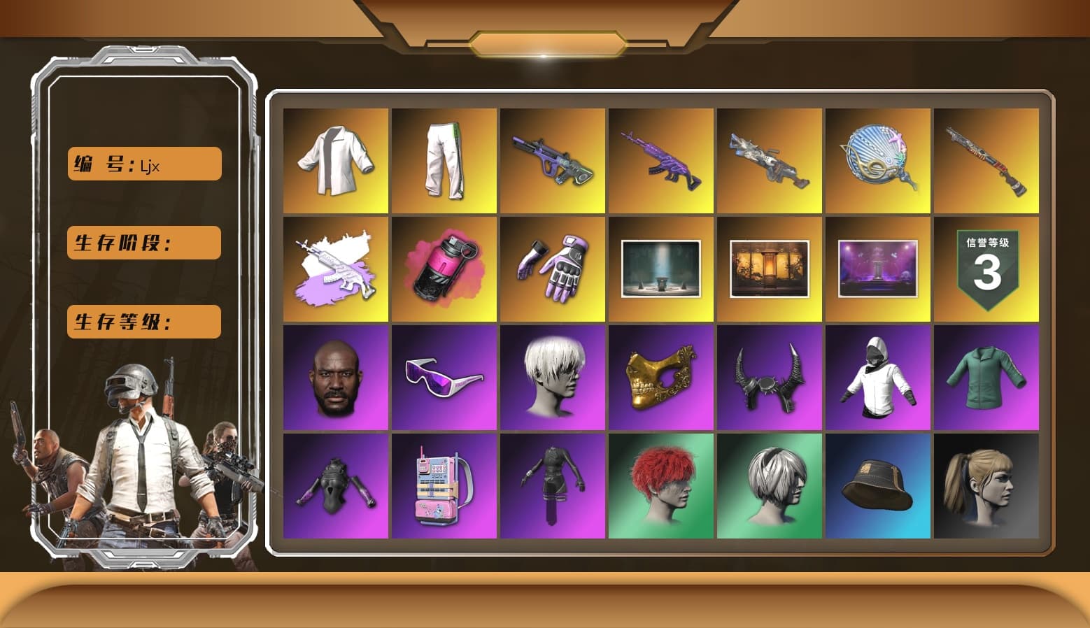 Green Stripe Tracksuit Pants, Magenta Smoke Grenade, Hi-top Trainers (Red), Heybox Gloves, Duncan's Infiltrator Handwraps, PGI Title Wraps, Chamber of Triumph, Weapons Shrine, Ashek's AKM, Jonathan Kamau, Snow Glasses, 9S's Hairstyle, PGC 2021 Contingent Chaos Mask, Demon Biker Horns, WackyJacky101's Jacket, Polar Bear Feet, aespa Stage, Harley Quinn's Hair, Bunny Academy Sailor Gloves, Rash Beixli Xtra Tough Jacket, aespa NINGNING, NPL 2019 Phase 2 Jacket, PCL 2019 Phase 2 Jacket, Aixleft's Gaming Streamer Hoodie, Sideshow Bear Feet, Pigff's Tactical Striker Jacket, XiongDi Hoodie, GPT 2025 Four Angry Men Jacket, Training Jacket (Green), Parachute, aespa - Pan, Full Autumn — M416, aespa KARINA, aespa WINTER, aespa GISELLE, Bengal Blade - SCAR-L, Shark Bite - Kar98k, Tactical Gloves, Grizz's Mask, HUYA T-shirt, JiBaoBa - 1