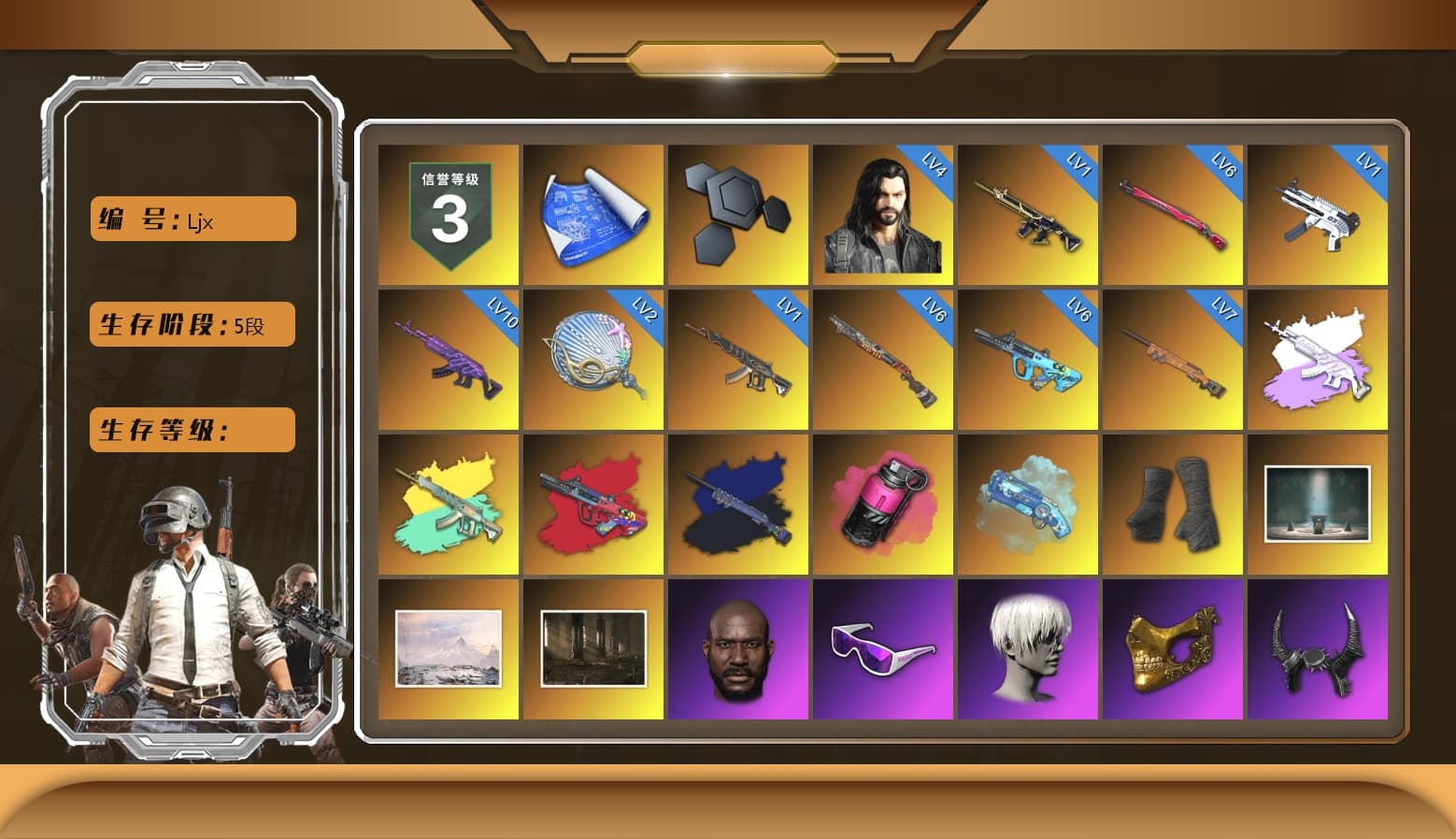 G-DRAGON — AUG (Red), Final Serenade — M24 (Blue Black), Magenta Smoke Grenade, Blue Magical Mist — M79, Duncan's Infiltrator Handwraps, Chamber of Triumph, Winter Hideout, Jonathan Kamau, Snow Glasses, 9S's Hairstyle, PGC 2021 Contingent Chaos Mask, Demon Biker Horns, WackyJacky101's Jacket, Work Jacket, Polar Bear Feet, Harley Quinn's Hair, Bunny Academy Sailor Gloves, Nostalgia, PEL 2019 Phase 2 Jacket, PUBG X NEWJEANS DANIELLE SET, XingHun's Tiger Strike Jacket, XingHun's Tiger Strike Pants, NPL 2019 Phase 2 Jacket, PCL 2019 Phase 2 Jacket, PKL 2019 Phase 2 Jacket, Aixleft's Gaming Streamer Hoodie, Sideshow Bear Feet, XingHun's Tiger Strike Snow Glasses, Pigff's Tactical Striker Jacket, MET Asia Series Distressed Jeans, Jijing's Shorts, StreamerOne, Winner Winner Chicken Dinner T-Shirt (Red), GPT 2025 Four Angry Men Jacket, Parachute, Festive Gloves (Red), Blue Thunder Gloves, Shark Bite - Kar98k, Grizz's Mask, MET Asia Series Bomber Jacket, HUYA T-shirt, JiBaoBa, DOUYU T-shirt - 1