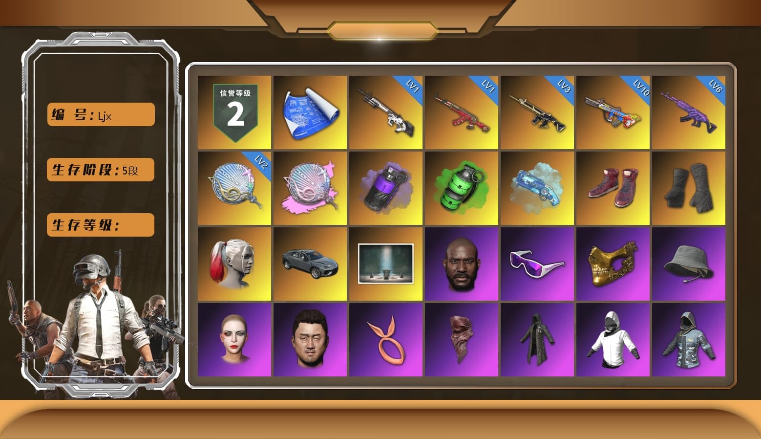 Siren — Pan (Pink), Purple Smoke Grenade, Emerald Smoke Grenade, Blue Magical Mist — M79, Hi-top Trainers (Red), Duncan's Infiltrator Handwraps, Harley Quinn's Hair, Chamber of Triumph, Jonathan Kamau, Snow Glasses, PGC 2021 Contingent Chaos Mask, Headset Bucket Hat, PLAYERUNKNOWN's Bandana, Heavy Fur Coat (Black), WackyJacky101's Jacket, Work Jacket, Polar Bear Feet, Rash Beixli Xtra Tough Jacket, Harley Quinn's Hair, Bunny Academy Sailor Gloves, Rash Beixli Xtra Tough Jacket, Harley Quinn's Makeup, PEL 2019 Phase 2 Jacket, NPL 2019 Phase 2 Jacket, PCL 2019 Phase 2 Jacket, PKL 2019 Phase 2 Jacket, Aixleft's Gaming Streamer Hoodie, Sideshow Bear Feet, LINE FRIENDS SALLY SET, XiongDi Hoodie, Jijing's Shorts, StreamerOne, Winner Winner Chicken Dinner T-Shirt (Red), Full Autumn — M416, NH-ESPORTS - Beryl M762, Shark Bite - Kar98k, Festive Gloves (Red), Grizz's Mask - 1