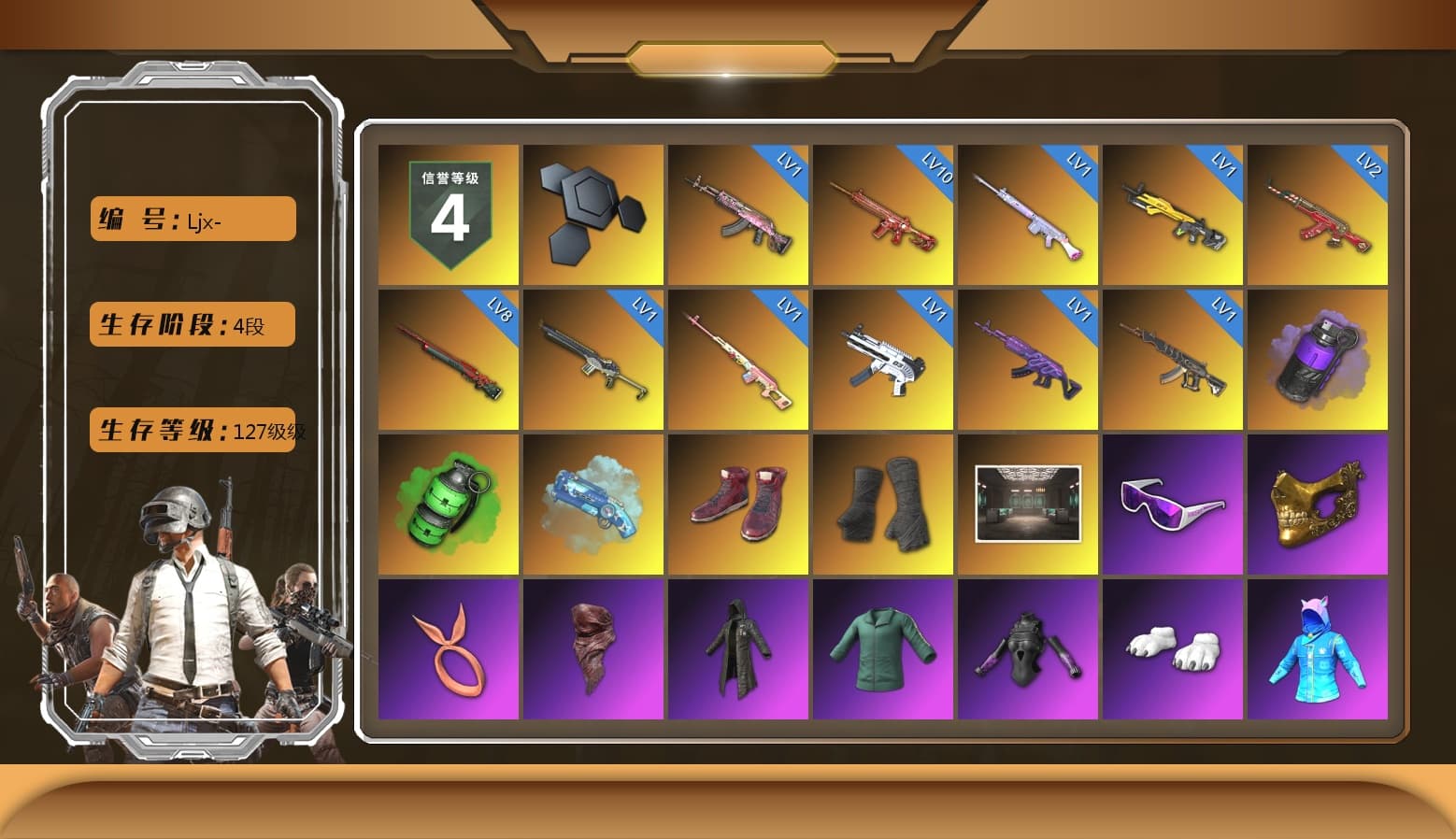 Rest in Pink — Dragunov [1], Purple Smoke Grenade, Emerald Smoke Grenade, Blue Magical Mist — M79, Hi-top Trainers (Red), Duncan's Infiltrator Handwraps, Secret Showroom, Snow Glasses, PGC 2021 Contingent Chaos Mask, PLAYERUNKNOWN's Bandana, Heavy Fur Coat (Black), Polar Bear Feet, Aixleft's Gaming Streamer Hoodie, Harley Quinn's Hair, Bunny Academy Sailor Gloves, Rash Beixli Xtra Tough Jacket, Aixleft's Gaming Streamer Hoodie, LINE FRIENDS SALLY SET, XiongDi Hoodie, StreamerOne, Winner Winner Chicken Dinner T-Shirt (Red), Training Jacket (Green), Full Autumn — M416, Blue Thunder Gloves, Grizz's Mask - 1