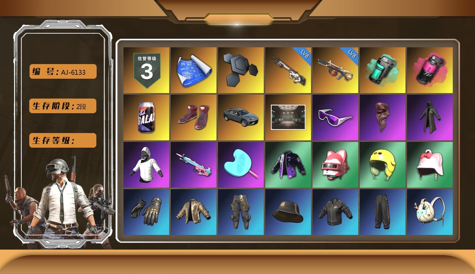 Teal Smoke Grenade, Magenta Smoke Grenade, Hi-top Trainers (Red), Secret Showroom, Snow Glasses, PLAYERUNKNOWN's Bandana, Heavy Fur Coat (Black), WackyJacky101's Jacket, Harley Quinn's Hair, Bunny Academy Sailor Gloves, NPL 2019 Phase 2 Jacket, Aixleft's Gaming Streamer Hoodie, Sideshow Bear Feet, Exquisite Pants, StreamerOne, Full Autumn — M416, Festive Gloves (Red), Diva Glasses (White), Headset Bucket Hat, Grizz's Mask, MET Asia Series Bomber Jacket, DOUYU T-shirt - 1