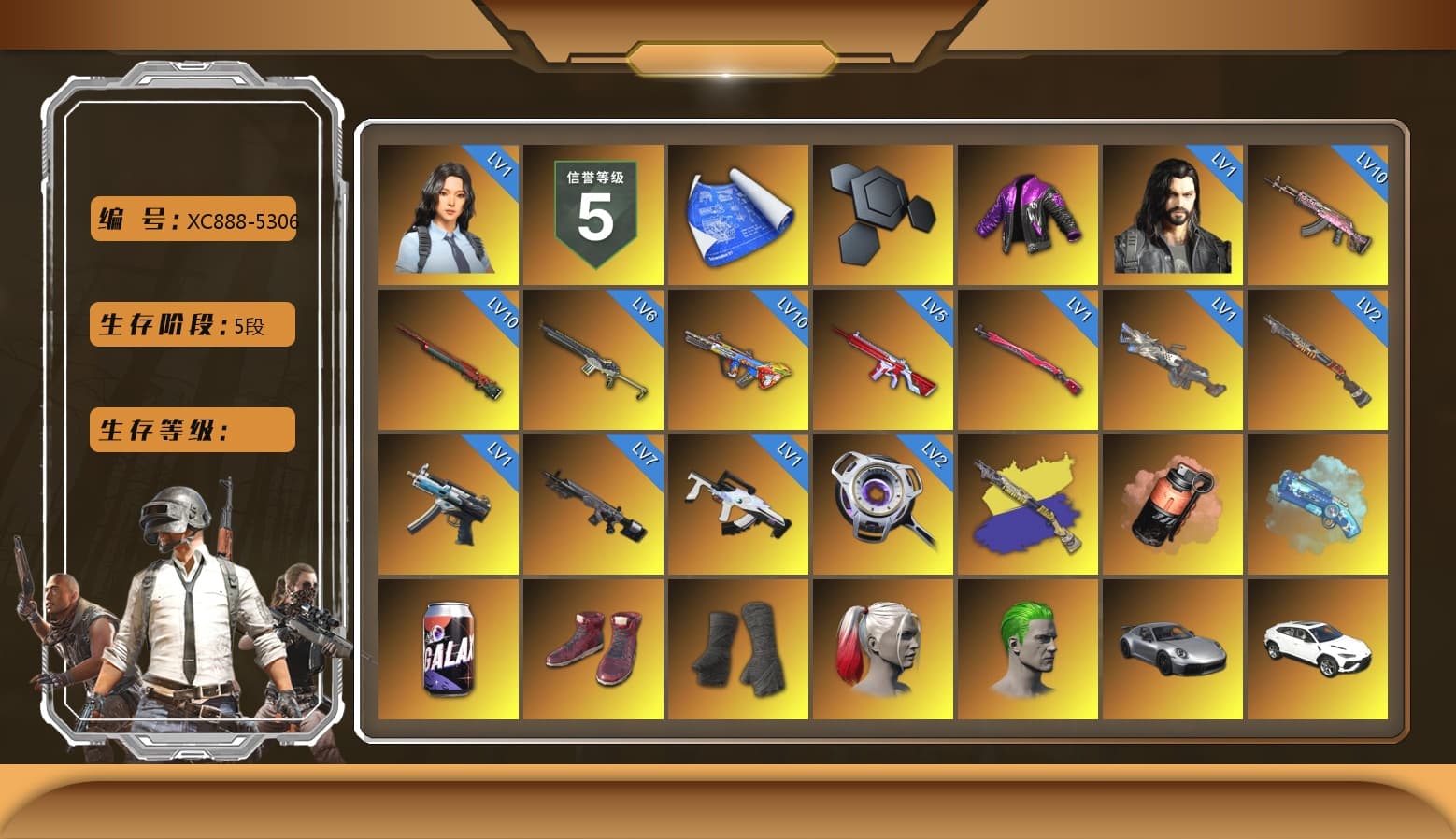 Sun Wukong — M24 [10], Bumper Blaster — AUG [10], Gear Head — Beryl M762 [10], Obscura - Mk12 [7], Sha Wujing — Mini14 [6], No Signal — M416 [5], Sun Scorched — S1897 [2], Void — Pan [2], Cerberus — M249 [1], Midnight Menace — Kar98k [1], Absolute Zero — Groza [1], Winter Eclipse — MP5K [1], Dorian [1], Hanna [1], Heybox Gloves, Coral Smoke Grenade, Blue Magical Mist — M79, Hi-top Trainers (Red), Duncan's Infiltrator Handwraps, Harley Quinn's Hair, The Joker's Hair, «911 Carrera GTS» Sports Car, «Cayenne Turbo GT» SUV, «Urus S» SUV, «McLaren GT Standard (Silica White)» Sports Car, «V12 Vantage Roadster» Sports Car, «V12 Vantage Roadster» Sports Car, «Panigale V4 S (Renegade Rose)» Motorcycle, «Panigale V4 S (Ducati Red)» Motorcycle, «Panigale V4 S (Pitch Black)» Motorcycle, Chamber of Triumph, Secret Showroom, Jonathan Kamau, Snow Glasses, PGC 2021 Contingent Chaos Mask, Demon Biker Horns, The Joker's Hair, PLAYERUNKNOWN's Bandana, Heavy Fur Coat (Black), WackyJacky101's Jacket, Training Jacket (Green), PGC 2022 Tac-Tech Shirt, Polar Bear Feet, Rash Beixli Xtra Tough Jacket, aespa Stage, Harley Quinn's Hair, Hairstyle PGI.S, Bunny Academy Sailor Gloves, Rash Beixli Xtra Tough Jacket, Deadman's Rhythm Makeup, Marigold Mayhem Makeup, Midnight Ritual Makeup, Harley Quinn's Makeup, Parachute, XingHun's Tiger Strike Jacket, XingHun's Tiger Strike Pants, manson's Hoodie, Manson's Tracksuit Pants, NPL 2019 Phase 2 Jacket, PJS 2019 Phase 2 Jacket, PCL 2019 Phase 2 Jacket, Aixleft's Gaming Streamer Hoodie, Sideshow Bear Feet, LINE FRIENDS SALLY SET, Exquisite Pants, XingHun's Tiger Strike Snow Glasses, Pigff's Tactical Striker Jacket, Headset Bucket Hat, Jijing's Shorts, LINE FRIENDS CHOCO SET, StreamerOne, Winner Winner Chicken Dinner T-Shirt (Red), GPT 2025 Four Angry Men Jacket, Training Jacket (Green), aespa - Pan, Full Autumn — M416, PGI.S Colorshift — Beryl M762, MOZZ's M24, Douyu Biker Jacket, Bunny Academy Gloves, Festive Gloves (Red), Blue Thunder Gloves, Crash Test Handwraps, Diva Glasses (White), 86 Adventure Hat, Grizz's Mask, MET Asia Series Bomber Jacket, «DBX707» SUV, «Chiron» Sports Car - 1