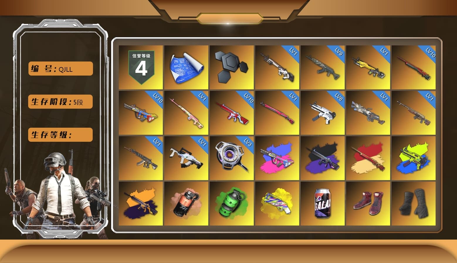 Sun Wukong — M24 [10], No Signal — M416 [10], Bumper Blaster — AUG [10], Azure Dragon — Beryl M762 [9], ZERO-G — MP5K [6], Void — Pan [3], Cerberus — M249 [1], Demon's Touch — ACE32 [1], Midnight Menace — Kar98k [1], Chrono Cannon — SKS [1], Absolute Zero — Groza [1], Cyber Threat — Mk12 [1], Bunny Patrol — Mk12 [1], Rest in Pink — Dragunov [1], Coral Smoke Grenade, Emerald Smoke Grenade, Yellow Fog of Fury — M79, Hi-top Trainers (Red), Duncan's Infiltrator Handwraps, The Joker's Hair, «Cayenne Turbo GT» SUV, «Cayenne Turbo GT» SUV, «Chiron» Sports Car, «Chiron» Sports Car, «Countach LPI 800-4» Sports Car, «Urus S» SUV, Secret Showroom, Secret Showroom, Weapons Shrine, Jonathan Kamau, 9S's Hairstyle, Snow Glasses, PGC 2021 Contingent Chaos Mask, Demon Biker Horns, The Joker's Hair, PLAYERUNKNOWN's Bandana, Heavy Fur Coat (Black), WackyJacky101's Jacket, Work Jacket, Training Jacket (Green), PGC 2022 Tac-Tech Shirt, Polar Bear Feet, Rash Beixli Xtra Tough Jacket, Harley Quinn's Hair, Hairstyle PGI.S, Bunny Academy Sailor Gloves, Rash Beixli Xtra Tough Jacket, Midnight Ritual Makeup, Parachute, XingHun's Tiger Strike Jacket, XingHun's Tiger Strike Pants, PJS 2019 Phase 2 Jacket, Sideshow Bear Feet, XingHun's Tiger Strike Snow Glasses, Pigff's Tactical Striker Jacket, Headset Bucket Hat, Heavy Fur Coat (Black), LINE FRIENDS CHOCO SET, StreamerOne, Training Jacket (Green), LINE FRIENDS SALLY SET, aespa - Pan, Full Autumn — M416, Bunny Academy Gloves, Shark Bite - Kar98k, 86 Adventure Hat, Grizz's Mask, MET Asia Series Bomber Jacket, DOUYU T-shirt - 1