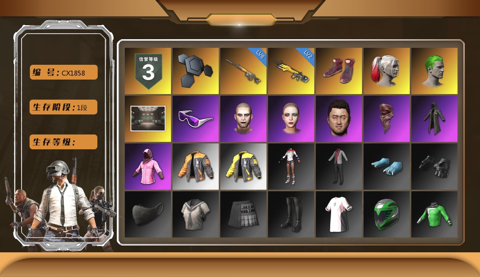 Hi-top Trainers (Red), Harley Quinn's Hair, The Joker's Hair, Secret Showroom, Snow Glasses, The Joker's Hair, PLAYERUNKNOWN's Bandana, Heavy Fur Coat (Black), Rash Beixli Xtra Tough Jacket, Rash Beixli Xtra Tough Jacket, Harley Quinn's Makeup, Full Autumn — M416, Shark Bite - Kar98k, MOZZ's M24, Parachute - 1