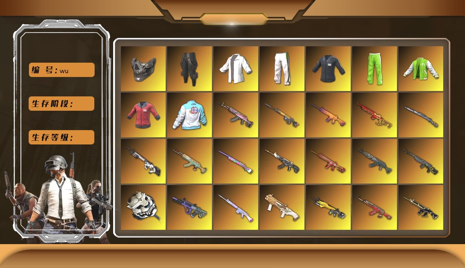 Emerald Smoke Grenade [2], Medusa — Beryl M762, Bumper Blaster — AUG, Santa's Helper — AKM, ZERO-G — MP5K, Black Tortoise — SKS, Phoenix — M416, Demon Hunter — ACE32, Sun Wukong — M24, Deadly Dollhouse — SLR, Midnight Menace — Kar98k, Bunny Patrol — Mk12, No Signal — M416, Neon Dream — AUG, Azure Dragon — Beryl M762, Trick-or-treat — M416, Buzzkill — SLR, Gear Head — Beryl M762, Yule Sleigh — Mini14, Tiger Hunter — Kar98k, Over the Rainbow — M24, Zhu Bajie — M416, Cerberus — M249, Minotaur — AUG, Darkest Depths — Beryl M762, Sha Wujing — Mini14, Cyber Threat — Mk12, White Tiger — Pan, Tang Sanzang — Pan, Siren — Pan, PUBG x NewJeans Stage, Chamber of Triumph, Winter Hideout, Secret Showroom, Weapons Shrine, Showroom, «McLaren GT Standard (Silica White)» Sports Car, «Panigale V4 S (Ducati Red)» Motorcycle, Siren — Pan (Pink), Shroud's Gloves, SEA Champ Training T-shirt, Green Stripe Tracksuit Pants, Reaper Mask, Survivalist Slacks, NVIDIA Varsity Jacket, Bilibili Biker Jacket, PAI 2019 Jacket, Swagger's Gloves, Heybox Gloves, Bunny Academy Gloves, The Joker's Hair, Harley Quinn's Hair, 9S's Hairstyle, La Catrina Makeup, Jonathan Kamau, Hairstyle PGI.S, Harley Quinn's Hair, Snow Glasses, PGC 2021 Contingent Chaos Mask, Headset Bucket Hat, Demon Biker Horns, Kansas Headband, LINE FRIENDS BROWN SET, Rash Beixli Xtra Tough Jacket, WackyJacky101's Jacket, Rash Beixli Xtra Tough Jacket, Aixleft's Gaming Streamer Hoodie, Bunny Academy Sailor Gloves, Mazarin1k's Gloves, «Countach LPI 800-4» Sports Car, «V12 Vantage Roadster (Luxe)» Sports Car, «V12 Vantage Roadster» Sports Car, «McLaren GT Elite» Sports Car, «DBX707» SUV, «Panigale V4 S (Twilight Torque)» Motorcycle, «Panigale V4 S (Pitch Black)» Motorcycle, Purple Smoke Grenade, Yellow Fog of Fury — M79, Orange Fog of Fury — M79, Blue Fog of Fury — M79, Magenta Smoke Grenade - 1