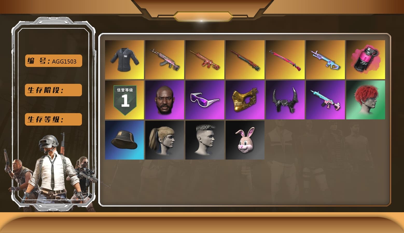 Magenta Smoke Grenade [1], Gear Head — Beryl M762, Midnight Menace — Kar98k, Phoenix — M416, Sun Wukong — M24, Hocus Focus — Mk12, Bunny Academy Gloves, Bunny Academy Sailor Gloves, SEA Champ Training T-shirt, Snow Glasses, PGC 2021 Contingent Chaos Mask, Demon Biker Horns, Jonathan Kamau, Harley Quinn's Hair - 1