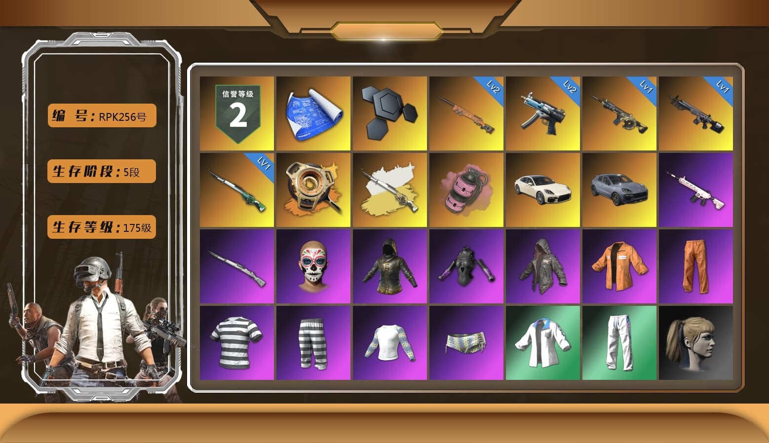 Void — Pan (Yellow Orange), Void — Pan, Pink Smoke Grenade, «Panamera Turbo S» Sedan, «Cayenne Turbo GT» SUV, NeoticaCH's M416, Escapee Jacket, Jailbird T-Shirt, Rash Vest, Harley Quinn's Hair, XingHun's Tiger Strike Jacket, XingHun's Tiger Strike Pants, XingHun's Tiger Strike Snow Glasses, Wakgood's M416, Gold Plate — M416, XingHun's AKM, Wakgood's AWM, Rose-tinted Glasses, Grizz's Mask, Heavy Fur Coat (Black), Esports Chicken Dinner Shirt - 1