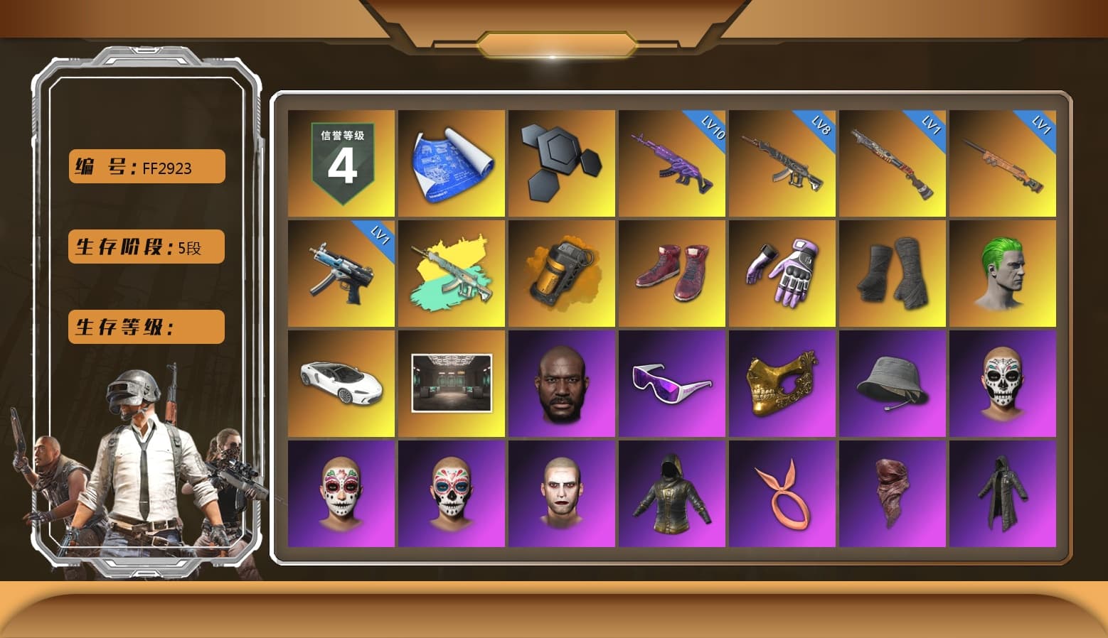 Orange Smoke Grenade, Hi-top Trainers (Red), Heybox Gloves, Duncan's Infiltrator Handwraps, The Joker's Hair, Jonathan Kamau, Snow Glasses, PGC 2021 Contingent Chaos Mask, The Joker's Hair, PLAYERUNKNOWN's Bandana, Heavy Fur Coat (Black), Polar Bear Feet, Rash Beixli Xtra Tough Jacket, Harley Quinn's Hair, Hairstyle PGI.S, Rash Beixli Xtra Tough Jacket, PML 2019 Phase 2 Jacket, PJS 2019 Phase 2 Jacket, Exquisite Pants, StreamerOne, Training Jacket (Green), Full Autumn — M416, Blue Thunder Gloves - 1