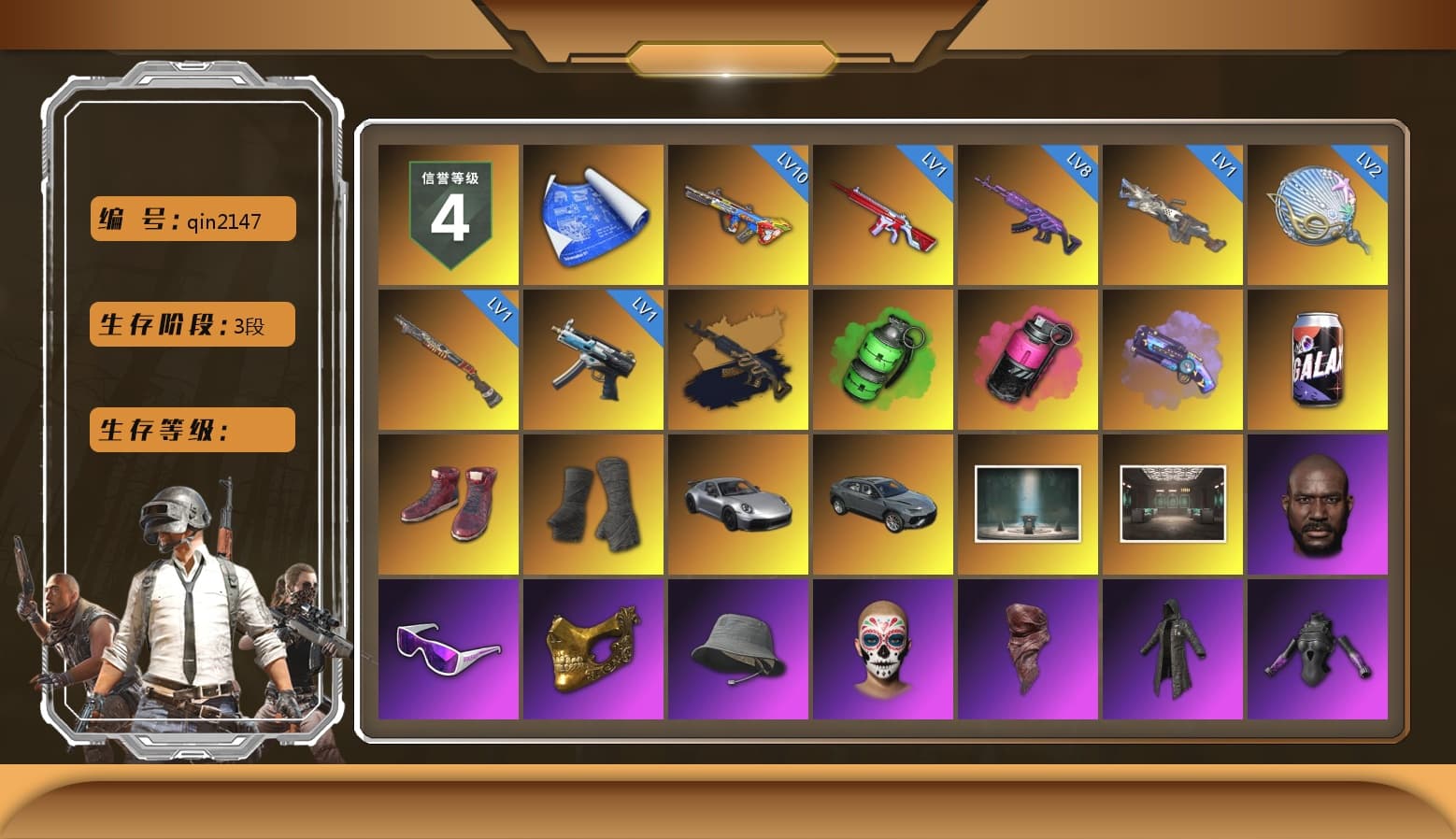 Emerald Smoke Grenade, Magenta Smoke Grenade, Purple Magical Mist — M79, Hi-top Trainers (Red), Duncan's Infiltrator Handwraps, «911 Carrera GTS» Sports Car, Chamber of Triumph, Jonathan Kamau, Snow Glasses, PGC 2021 Contingent Chaos Mask, PLAYERUNKNOWN's Bandana, Heavy Fur Coat (Black), Polar Bear Feet, Rash Beixli Xtra Tough Jacket, Rash Beixli Xtra Tough Jacket, PEL 2019 Phase 2 Jacket, Sideshow Bear Feet, XiongDi Hoodie, «Chiron» Sports Car - 1