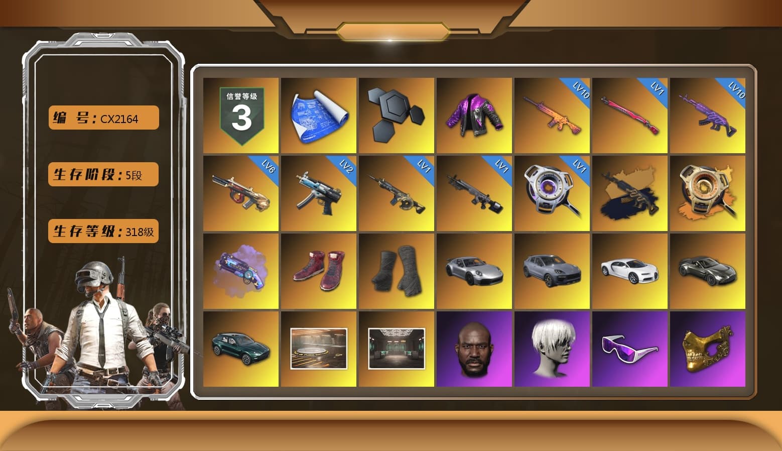 Void — Pan (Yellow Orange), Purple Magical Mist — M79, Hi-top Trainers (Red), Duncan's Infiltrator Handwraps, «911 Carrera GTS» Sports Car, «Cayenne Turbo GT» SUV, «Chiron» Sports Car, «V12 Vantage Roadster» Sports Car, «DBX707» SUV, Showroom, Jonathan Kamau, 9S's Hairstyle, Snow Glasses, PGC 2021 Contingent Chaos Mask, PLAYERUNKNOWN's Bandana, Heavy Fur Coat (Black), Polar Bear Feet, Rash Beixli Xtra Tough Jacket, aespa Stage, Harley Quinn's Hair, Rash Beixli Xtra Tough Jacket, XingHun's Tiger Strike Jacket, XingHun's Tiger Strike Pants, NPL 2019 Phase 2 Jacket, PKL 2019 Phase 2 Jacket, Sideshow Bear Feet, Exquisite Pants, StreamerOne, GPT 2025 Four Angry Men Jacket, Full Autumn — M416, Blue Thunder Gloves, HUYA T-shirt, DOUYU T-shirt, «DBX707» SUV - 1