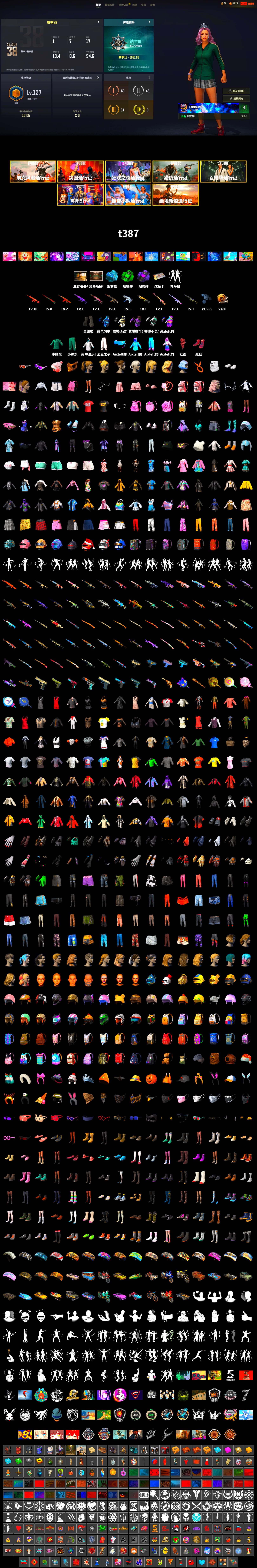 Rest in Pink — Dragunov [1], Purple Smoke Grenade, Emerald Smoke Grenade, Blue Magical Mist — M79, Hi-top Trainers (Red), Duncan's Infiltrator Handwraps, Secret Showroom, Snow Glasses, PGC 2021 Contingent Chaos Mask, PLAYERUNKNOWN's Bandana, Heavy Fur Coat (Black), Polar Bear Feet, Aixleft's Gaming Streamer Hoodie, Harley Quinn's Hair, Bunny Academy Sailor Gloves, Rash Beixli Xtra Tough Jacket, Aixleft's Gaming Streamer Hoodie, LINE FRIENDS SALLY SET, XiongDi Hoodie, StreamerOne, Winner Winner Chicken Dinner T-Shirt (Red), Training Jacket (Green), Full Autumn — M416, Blue Thunder Gloves, Grizz's Mask - 2