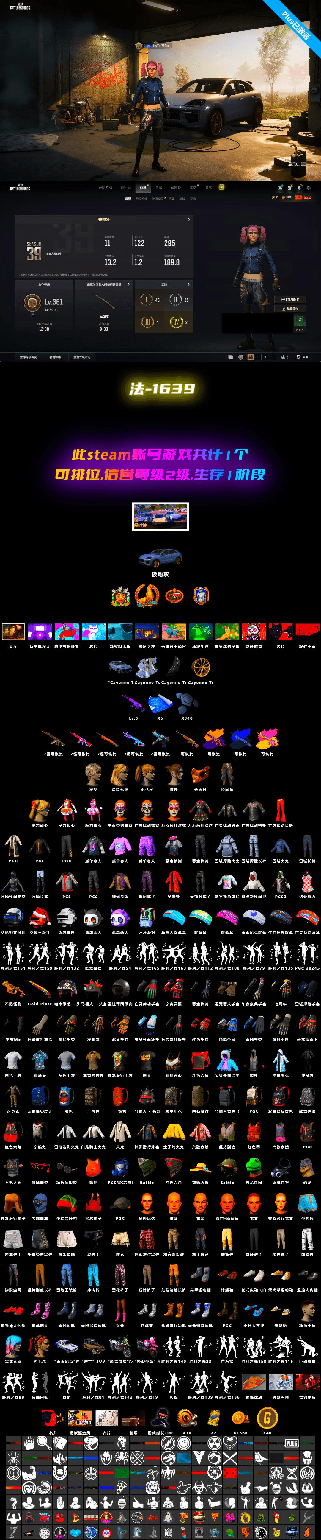 Final Serenade — M24 [7], Final Serenade — M24 (Blue Black) [2], Demon's Touch — ACE32 [2], Medusa — Beryl M762, Harley Quinn's Hair, No Signal — M416, Hocus Focus — Mk12, Winter Eclipse — MP5K, «Cayenne Turbo GT» SUV - 2