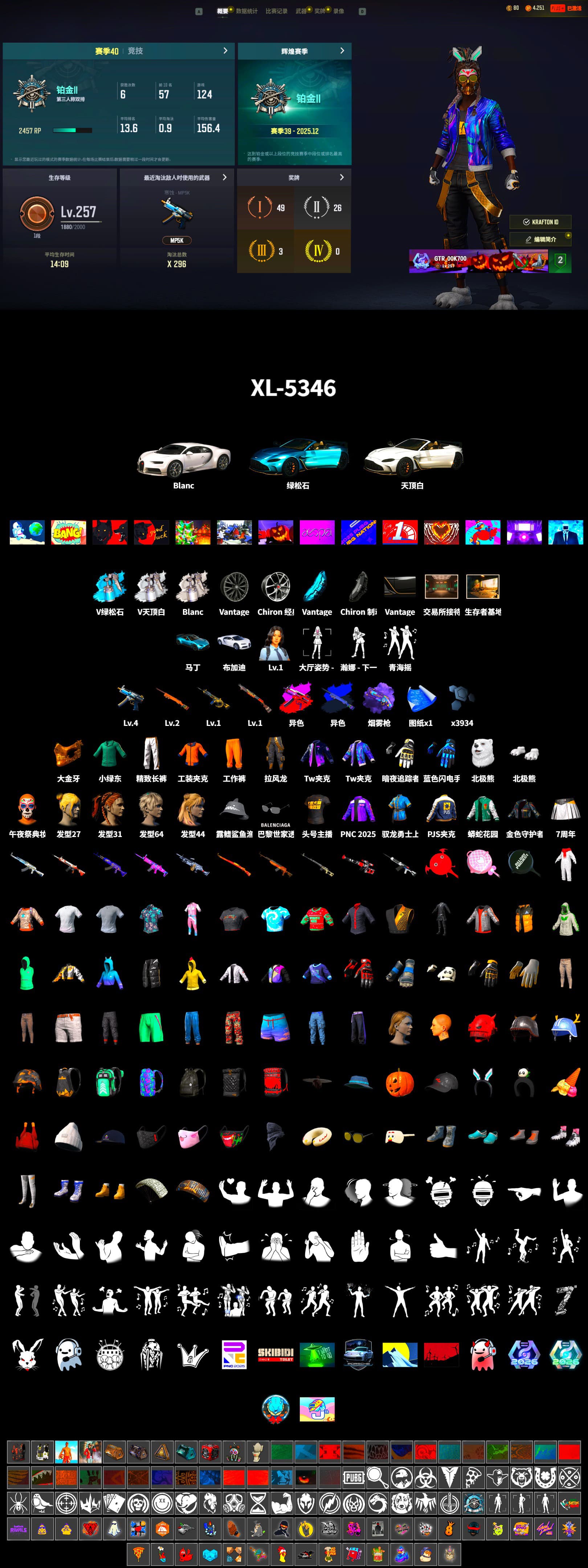 Final Serenade — M24 (Blue Black), Purple Magical Mist — M79, «Chiron» Sports Car, «V12 Vantage Roadster (Luxe)» Sports Car, Secret Showroom, PGC 2021 Contingent Chaos Mask, Work Jacket, Polar Bear Feet, PJS 2019 Phase 2 Jacket, Exquisite Pants, StreamerOne, Full Autumn — M416, Blue Thunder Gloves, Grizz's Mask, Hanna - 2