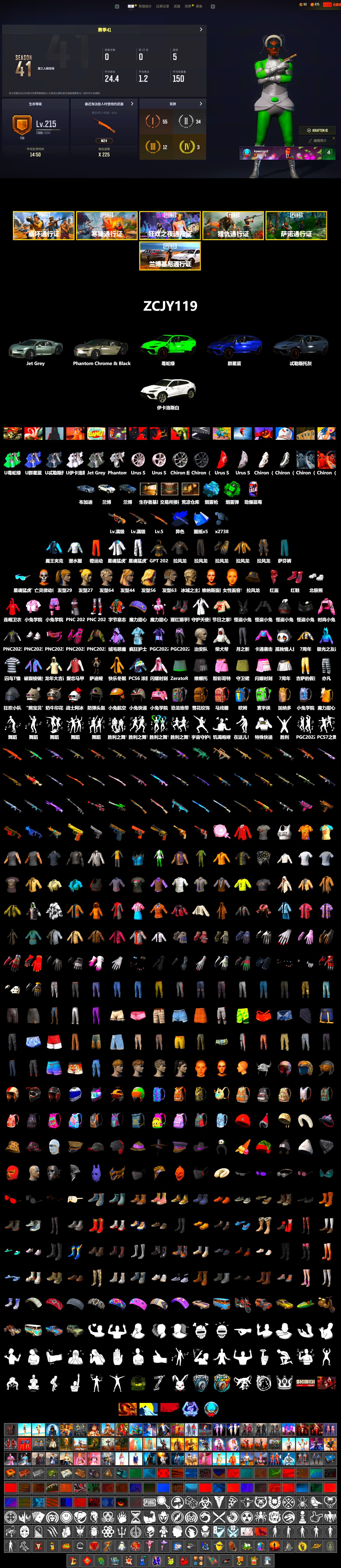 Final Serenade — M24 (Blue Black), Emerald Smoke Grenade, Blue Magical Mist — M79, Hi-top Trainers (Red), Secret Showroom, PLAYERUNKNOWN's Bandana, Heavy Fur Coat (Black), Polar Bear Feet, Escapee Jacket, Jailbird T-Shirt, Rash Vest, Harley Quinn's Hair, Bunny Academy Sailor Gloves, Desolate Warehouse, Pirate KIM's SKS, Shroud's Varsity Jacket, PGI 2018 «Four Angry Men» Hoodie, XingHun's Tiger Strike Jacket, XingHun's Tiger Strike Pants, XingHun's Tiger Strike Snow Glasses, Parachute, Silver Plate — Mini14, Wakgood's AWM, Tactical Gloves, Rose-tinted Glasses, Grizz's Mask, MET Asia Series Bomber Jacket, Zerator's Pleated Skirt - 2