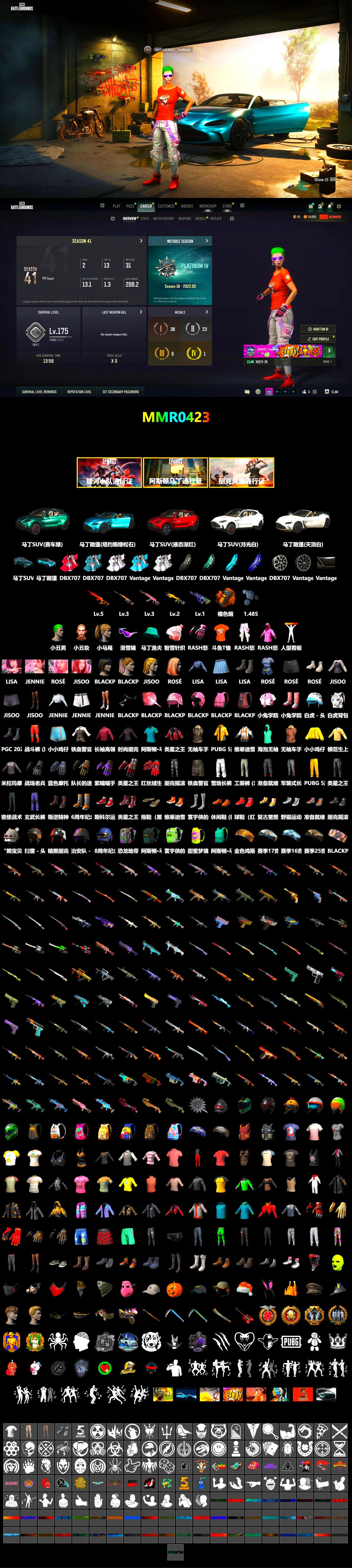 Orange Smoke Grenade, The Joker's Hair, «V12 Vantage Roadster (Luxe)» Sports Car, «DBX707» SUV, Snow Glasses, The Joker's Hair, Rash Beixli Xtra Tough Jacket, Harley Quinn's Hair, Bunny Academy Sailor Gloves, Rash Beixli Xtra Tough Jacket, «DBX707» SUV, Shark Bite - Kar98k, Grizz's Mask, DOUYU T-shirt - 2