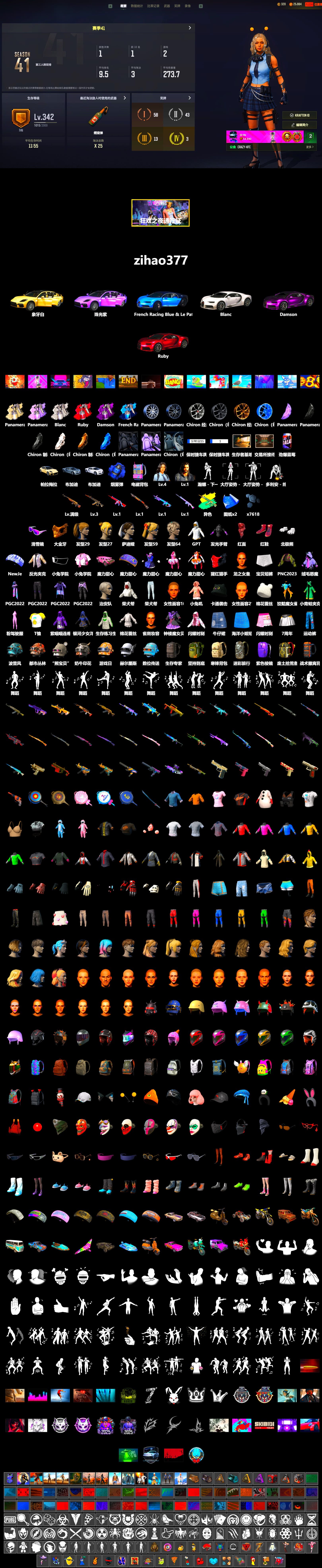 Blue Smoke Grenade, Hi-top Trainers (Red), «Panamera Turbo S» Sedan, «Chiron» Sports Car, Snow Glasses, PGC 2021 Contingent Chaos Mask, PLAYERUNKNOWN's Bandana, Heavy Fur Coat (Black), Polar Bear Feet, Harley Quinn's Hair, GPT 2025 Four Angry Men Jacket - 2