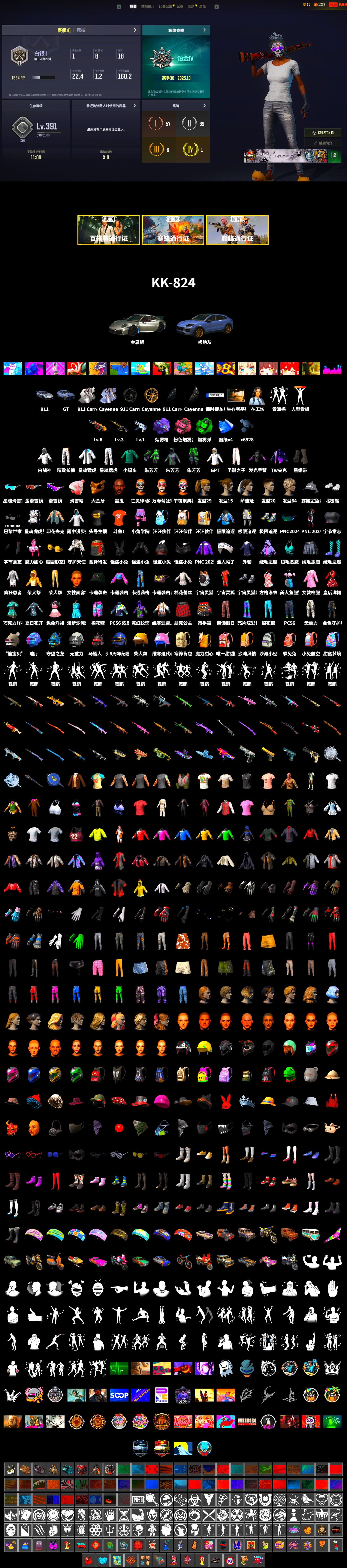 Emerald Smoke Grenade, Purple Magical Mist — M79, Duncan's Infiltrator Handwraps, «911 Carrera GTS» Sports Car, «Cayenne Turbo GT» SUV, Jonathan Kamau, Snow Glasses, PGC 2021 Contingent Chaos Mask, Polar Bear Feet, Harley Quinn's Hair, XingHun's Tiger Strike Jacket, XingHun's Tiger Strike Pants, Exquisite Pants, StreamerOne, GPT 2025 Four Angry Men Jacket, Full Autumn — M416, DOUYU T-shirt - 2