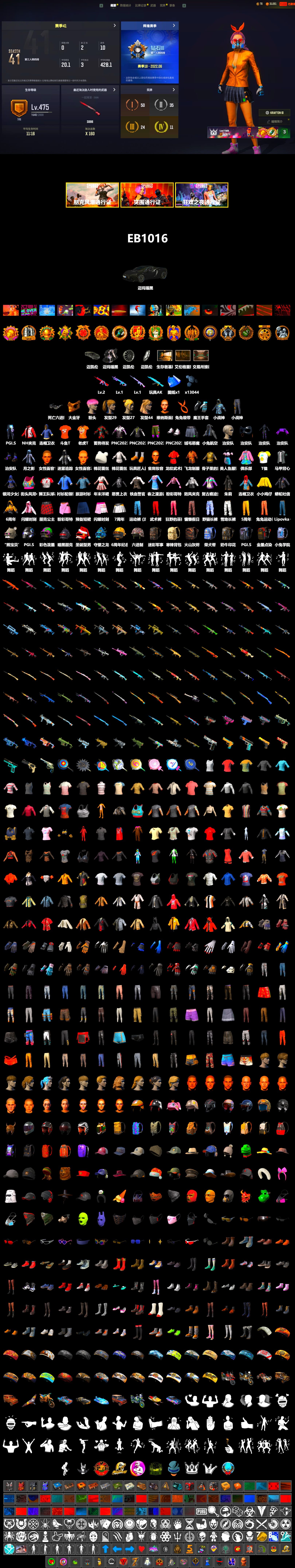 Shroud's Gloves, Ashek's AKM, PGC 2021 Contingent Chaos Mask, Harley Quinn's Hair, Nostalgia, Sideshow Bear Feet, NH-Esports Jacket, Full Autumn — M416, Serpent's Kiss - AKM, Crash Test Handwraps, DOUYU T-shirt - 2