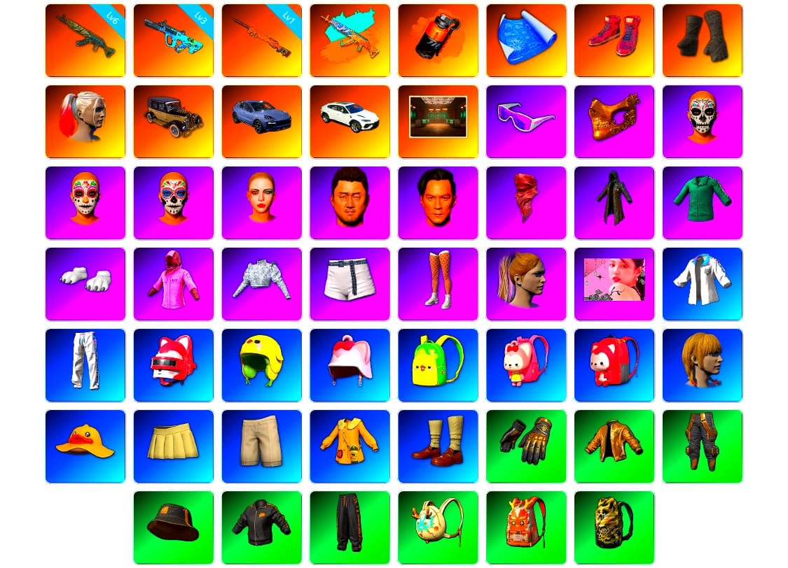 Coral Smoke Grenade, Hi-top Trainers (Red), Duncan's Infiltrator Handwraps, Harley Quinn's Hair, «Cayenne Turbo GT» SUV, Snow Glasses, PGC 2021 Contingent Chaos Mask, PLAYERUNKNOWN's Bandana, Heavy Fur Coat (Black), Polar Bear Feet, Rash Beixli Xtra Tough Jacket, Harley Quinn's Hair, Rash Beixli Xtra Tough Jacket, Harley Quinn's Makeup, XingHun's Tiger Strike Jacket, XingHun's Tiger Strike Pants, Full Autumn — M416, DOUYU T-shirt