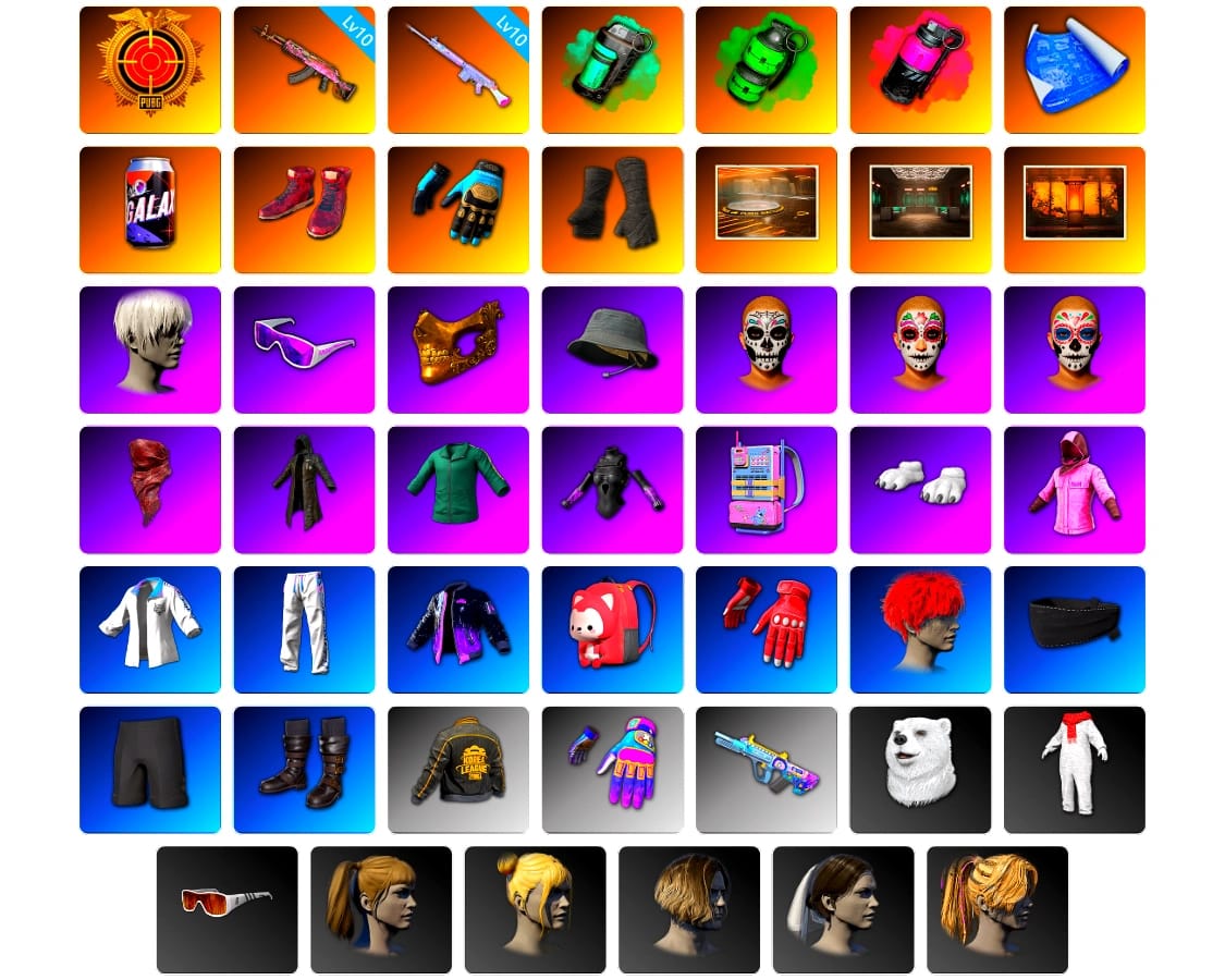 Teal Smoke Grenade, Emerald Smoke Grenade, Magenta Smoke Grenade, Hi-top Trainers (Red), Ashek's Gloves, Duncan's Infiltrator Handwraps, Showroom, Weapons Shrine, 9S's Hairstyle, Snow Glasses, PGC 2021 Contingent Chaos Mask, PLAYERUNKNOWN's Bandana, Heavy Fur Coat (Black), Polar Bear Feet, Rash Beixli Xtra Tough Jacket, Harley Quinn's Hair, Rash Beixli Xtra Tough Jacket, XingHun's Tiger Strike Jacket, XingHun's Tiger Strike Pants, PKL 2019 Phase 2 Jacket, XiongDi Hoodie, StreamerOne, GPT 2025 Four Angry Men Jacket, Full Autumn — M416, Silver Plate — M416, XingHun's AKM, Blue Thunder Gloves, 2018 PUBG ALL-STAR T-shirt (Korean), GLL Grand Slam Sweatshirt, HUYA T-shirt, Esports IGL Shirt
