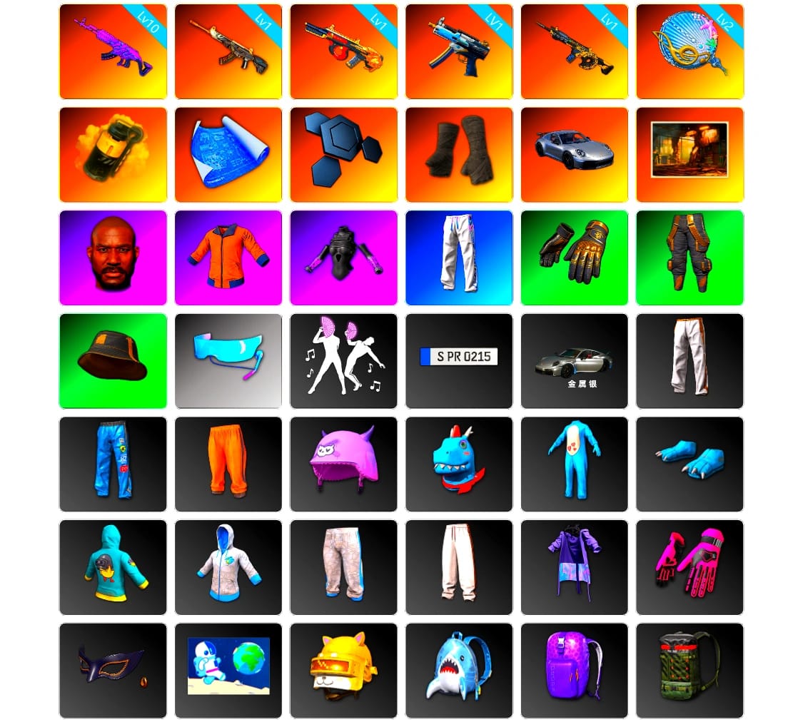 Yellow Smoke Grenade, Duncan's Infiltrator Handwraps, «911 Carrera GTS» Sports Car, Jonathan Kamau, Desolate Warehouse, XingHun's Tiger Strike Pants, Exquisite Pants, Blue Thunder Gloves, 2018 PUBG ALL-STAR T-shirt (Korean)