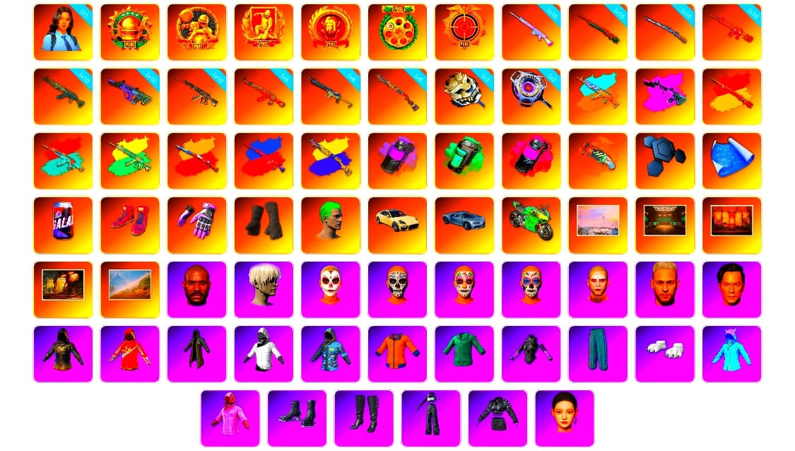 Purple Smoke Grenade, Teal Smoke Grenade, Magenta Smoke Grenade, Orange Fog of Fury — M79, Hi-top Trainers (Red), Heybox Gloves, Duncan's Infiltrator Handwraps, The Joker's Hair, «Panamera Turbo S» Sedan, «Panigale V4 S (Jaded)» Motorcycle, Weapons Shrine, Jonathan Kamau, 9S's Hairstyle, La Catrina Makeup, The Joker's Hair, Heavy Fur Coat (Black), Polar Bear Feet, Rash Beixli Xtra Tough Jacket, aespa Stage, Harley Quinn's Hair, Hairstyle PGI.S, Rash Beixli Xtra Tough Jacket, Desolate Warehouse, aespa NINGNING, XingHun's Tiger Strike Jacket, XingHun's Tiger Strike Pants, NPL 2019 Phase 2 Jacket, PJS 2019 Phase 2 Jacket, Exquisite Pants, XiongDi Hoodie, StreamerOne, Training Jacket (Green), aespa WINTER, Full Autumn — M416, Blue Thunder Gloves, GLL Grand Slam Sweatshirt, DOUYU T-shirt