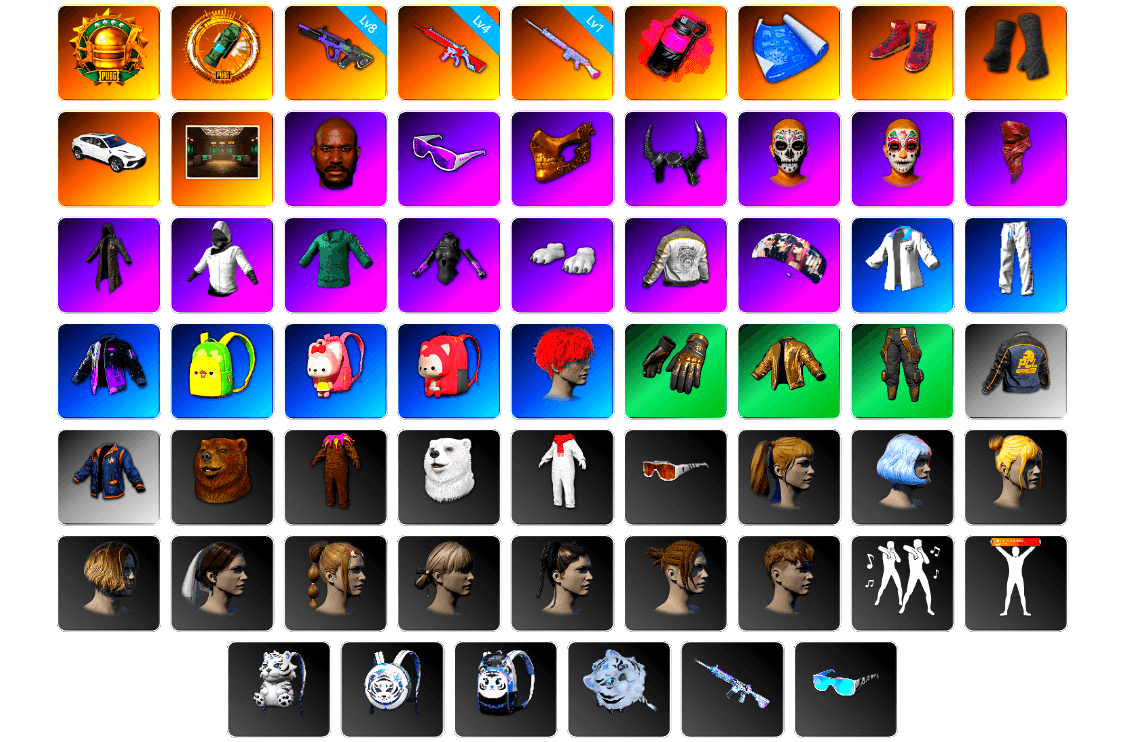 Magenta Smoke Grenade, Hi-top Trainers (Red), Duncan's Infiltrator Handwraps, Secret Showroom, Jonathan Kamau, Snow Glasses, PGC 2021 Contingent Chaos Mask, Demon Biker Horns, PLAYERUNKNOWN's Bandana, Heavy Fur Coat (Black), WackyJacky101's Jacket, Polar Bear Feet, aespa Stage, Harley Quinn's Hair, Bunny Academy Sailor Gloves, PML 2019 Phase 2 Jacket, XingHun's Tiger Strike Jacket, XingHun's Tiger Strike Pants, PCL 2019 Phase 2 Jacket, XingHun's Tiger Strike Snow Glasses, XiongDi Hoodie, StreamerOne, Winner Winner Chicken Dinner T-Shirt (Red), Parachute, Full Autumn — M416, Blue Thunder Gloves, Grizz's Mask, MET Asia Series Bomber Jacket, GLL Grand Slam Sweatshirt, HUYA T-shirt, DOUYU T-shirt, Sideshow Bear Feet