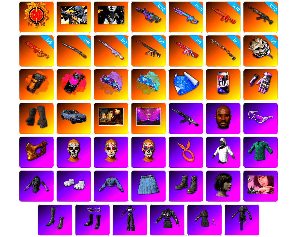 Hocus Focus — Mk12 [10], Azure Dragon — Beryl M762 [10], Neon Dream — AUG [10], Phoenix — M416 [10], Yule Sleigh — Mini14 [9], Tiger Hunter — Kar98k [8], Demon's Touch — ACE32 [7], Deadly Dollhouse — SLR [7], White Tiger — Pan [3], Sun Scorched — S1897 [1], No Signal — M416 [1], Orange Smoke Grenade, Magenta Smoke Grenade, Magenta Smoke Grenade, Purple Magical Mist — M79, Blue Magical Mist — M79, Heybox Gloves, Duncan's Infiltrator Handwraps, «Cayenne Turbo GT» SUV, «Cayenne Turbo GT» SUV, Jonathan Kamau, Snow Glasses, PGC 2021 Contingent Chaos Mask, WackyJacky101's Jacket, Training Jacket (Green), PGC 2022 Tac-Tech Shirt, Polar Bear Feet, aespa Stage, Harley Quinn's Hair, Bunny Academy Sailor Gloves, Desolate Warehouse, Glory — AKM, Deadman's Rhythm Makeup, Marigold Mayhem Makeup, Midnight Ritual Makeup, aespa NINGNING, XingHun's Tiger Strike Jacket, XingHun's Tiger Strike Pants, PCL 2019 Phase 2 Jacket, PKL 2019 Phase 2 Jacket, Exquisite Pants, XingHun's Tiger Strike Snow Glasses, Pigff's Tactical Striker Jacket, Heavy Fur Coat (Black), LINE FRIENDS CHOCO SET, StreamerOne, Winner Winner Chicken Dinner T-Shirt (Red), GPT 2025 Four Angry Men Jacket, Training Jacket (Green), aespa KARINA, aespa WINTER, aespa GISELLE, Parachute, Full Autumn — M416, Shark Bite - Kar98k, «Chiron» Sports Car, Headset Bucket Hat, Grizz's Mask, MET Asia Series Bomber Jacket, 86 Adventure Hat, HUYA T-shirt, Sideshow Bear Feet