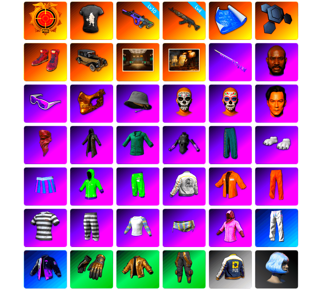 Neon Dream — AUG [10], Azure Dragon — Beryl M762 [4], DMM T-Shirt, Hi-top Trainers (Red), Secret Showroom, Jonathan Kamau, Snow Glasses, PGC 2021 Contingent Chaos Mask, Headset Bucket Hat, PLAYERUNKNOWN's Bandana, Heavy Fur Coat (Black), Training Jacket (Green), PGC 2022 Tac-Tech Shirt, Polar Bear Feet, SkipNhO's SLR, Escapee Jacket, Jailbird T-Shirt, Rash Vest, Rash Beixli Xtra Tough Jacket, Bunny Academy Sailor Gloves, Rash Beixli Xtra Tough Jacket, Desolate Warehouse, JennaJulien's M24, Deadman's Rhythm Makeup, Midnight Ritual Makeup, JennaJulien's Pleated Skirt, PEL 2019 Phase 2 Jacket, XingHun's Tiger Strike Pants, PJS 2019 Phase 2 Jacket, XiongDi Hoodie, StreamerOne, Winner Winner Chicken Dinner T-Shirt (Red), Parachute, Bengal Blade - SCAR-L, Bunny Academy Gloves, Blue Thunder Gloves, Diva Glasses (White), Rose-tinted Glasses, Marigold Mayhem Makeup, Grizz's Mask, MET Asia Series Bomber Jacket, Esports Chicken Dinner Shirt, Sideshow Bear Feet