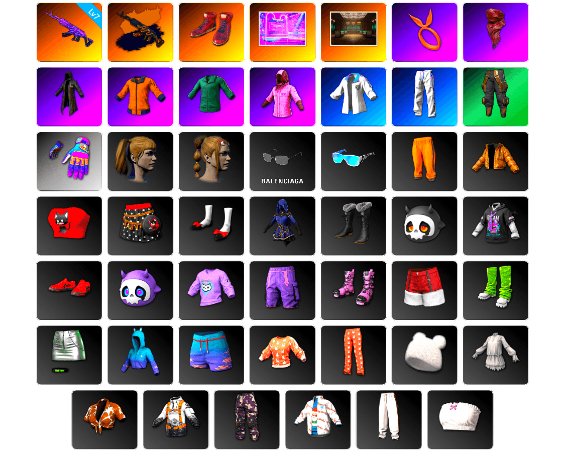 Hi-top Trainers (Red), PUBG x NewJeans Stage, Secret Showroom, PLAYERUNKNOWN's Bandana, Heavy Fur Coat (Black), Work Jacket, Rash Beixli Xtra Tough Jacket, Harley Quinn's Hair, Bunny Academy Sailor Gloves, Rash Beixli Xtra Tough Jacket, XingHun's Tiger Strike Jacket, XingHun's Tiger Strike Pants, Aixleft's Gaming Streamer Hoodie, XingHun's Tiger Strike Snow Glasses, StreamerOne, Shark Bite - Kar98k, Grizz's Mask, HUYA T-shirt