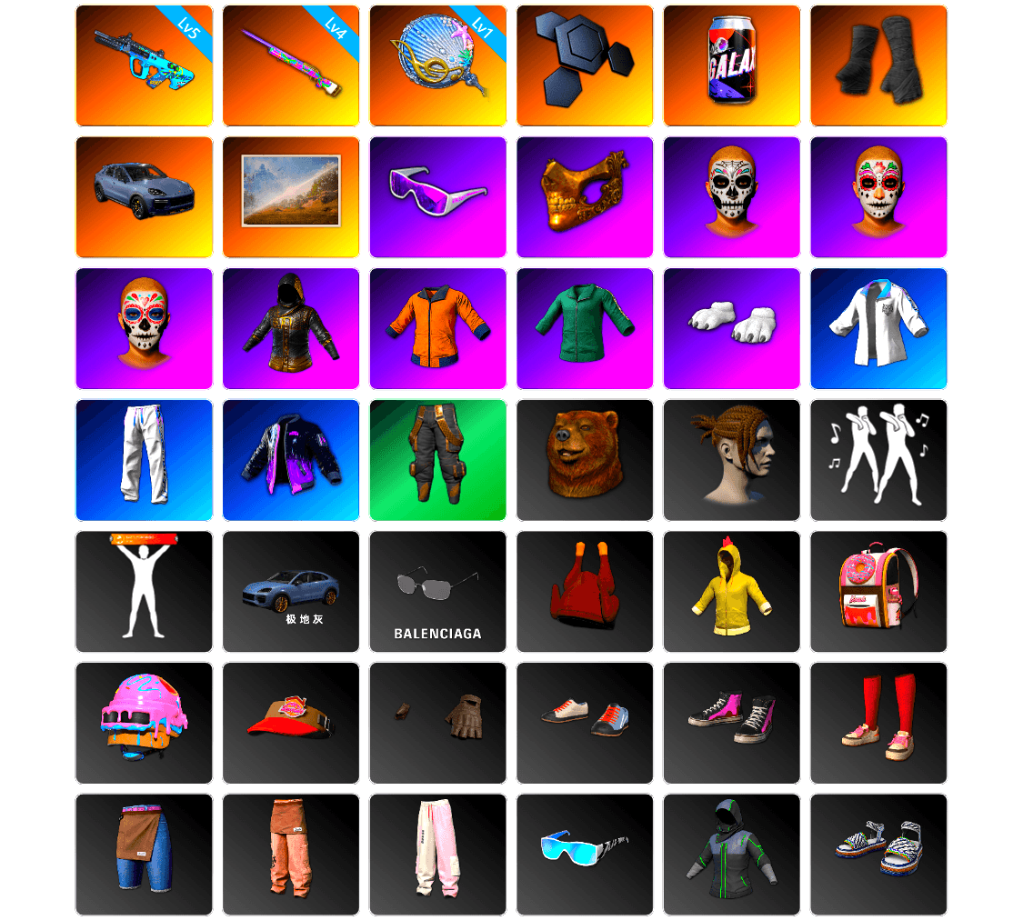 Duncan's Infiltrator Handwraps, «Cayenne Turbo GT» SUV, Snow Glasses, PGC 2021 Contingent Chaos Mask, Work Jacket, Polar Bear Feet, Bunny Academy Sailor Gloves, XingHun's Tiger Strike Jacket, XingHun's Tiger Strike Pants, XingHun's Tiger Strike Snow Glasses, Pigff's Tactical Striker Jacket, StreamerOne, GPT 2025 Four Angry Men Jacket, Full Autumn — M416, Grizz's Mask, Sideshow Bear Feet