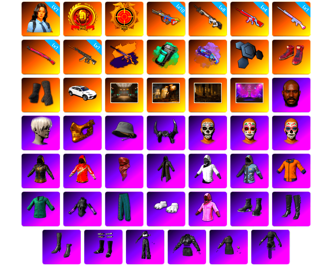 Bumper Blaster — AUG [10], Cyber Threat — Mk12 [8], No Signal — M416 [4], Demon's Touch — ACE32 [1], Midnight Menace — Kar98k [1], Deadly Dollhouse — SLR [1], Hanna [1], Teal Smoke Grenade, Purple Magical Mist — M79, Hi-top Trainers (Red), Duncan's Infiltrator Handwraps, «Urus S» SUV, Secret Showroom, Jonathan Kamau, 9S's Hairstyle, PGC 2021 Contingent Chaos Mask, Headset Bucket Hat, Demon Biker Horns, PLAYERUNKNOWN's Bandana, Heavy Fur Coat (Black), WackyJacky101's Jacket, Work Jacket, Training Jacket (Green), PGC 2022 Tac-Tech Shirt, Polar Bear Feet, Rash Beixli Xtra Tough Jacket, aespa Stage, Harley Quinn's Hair, Bunny Academy Sailor Gloves, Rash Beixli Xtra Tough Jacket, Desolate Warehouse, Nostalgia, Deadman's Rhythm Makeup, Marigold Mayhem Makeup, Midnight Ritual Makeup, aespa NINGNING, XingHun's Tiger Strike Jacket, XingHun's Tiger Strike Pants, NPL 2019 Phase 2 Jacket, PJS 2019 Phase 2 Jacket, XingHun's Tiger Strike Snow Glasses, Pigff's Tactical Striker Jacket, XiongDi Hoodie, Jijing's Shorts, StreamerOne, Winner Winner Chicken Dinner T-Shirt (Red), GPT 2025 Four Angry Men Jacket, Training Jacket (Green), aespa KARINA, aespa WINTER, aespa GISELLE, Parachute, Full Autumn — M416, LINE FRIENDS SALLY SET, Bunny Academy Gloves, «Chiron» Sports Car, Grizz's Mask, HUYA T-shirt, JiBaoBa, DOUYU T-shirt, «Panigale V4 S (Ducati Red)» Motorcycle, Sideshow Bear Feet
