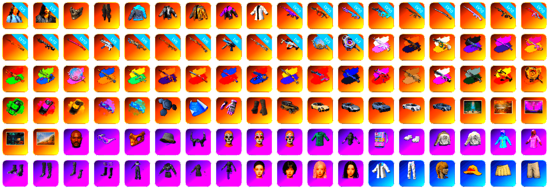 Reaper Mask, Survivalist Slacks, Wanyoo Jacket, Douyu Biker Jacket, Siren — Pan (Pink), G-DRAGON — AUG (Red), Final Serenade — M24 (Blue Black), Obscura - Mk12 (Silver Fuchsia), Time Keeper - M416 (Gray Green), Absolute Zero - Groza (Yellow Coral), Void — Pan (Yellow Orange), Emerald Smoke Grenade, Magenta Smoke Grenade, Yellow Smoke Grenade, Purple Magical Mist — M79, Blue Magical Mist — M79, Duncan's Infiltrator Handwraps, «Panamera Turbo S» Sedan, «911 Carrera GTS» Sports Car, «Cayenne Turbo GT» SUV, «Chiron» Sports Car, Chamber of Triumph, Showroom, Jonathan Kamau, Snow Glasses, PGC 2021 Contingent Chaos Mask, Headset Bucket Hat, Demon Biker Horns, Polar Bear Feet, Aixleft's Gaming Streamer Hoodie, Rash Beixli Xtra Tough Jacket, aespa Stage, Backstreet Garage, Harley Quinn's Hair, Bunny Academy Sailor Gloves, Rash Beixli Xtra Tough Jacket, Wanyoo Tracksuit Top, PML 2019 Phase 2 Jacket, PEL 2019 Phase 2 Jacket, aespa NINGNING, XingHun's Tiger Strike Jacket, XingHun's Tiger Strike Pants, PJS 2019 Phase 2 Jacket, Aixleft's Gaming Streamer Hoodie, XingHun's Tiger Strike Snow Glasses, Pigff's Tactical Striker Jacket, MET Asia Series Bomber Jacket, XingHun's Hoodie, Xinghun's Tracksuit Pants, StreamerOne, aespa KARINA, aespa WINTER, aespa GISELLE, Festive Gloves (Red), Diva Glasses (White)