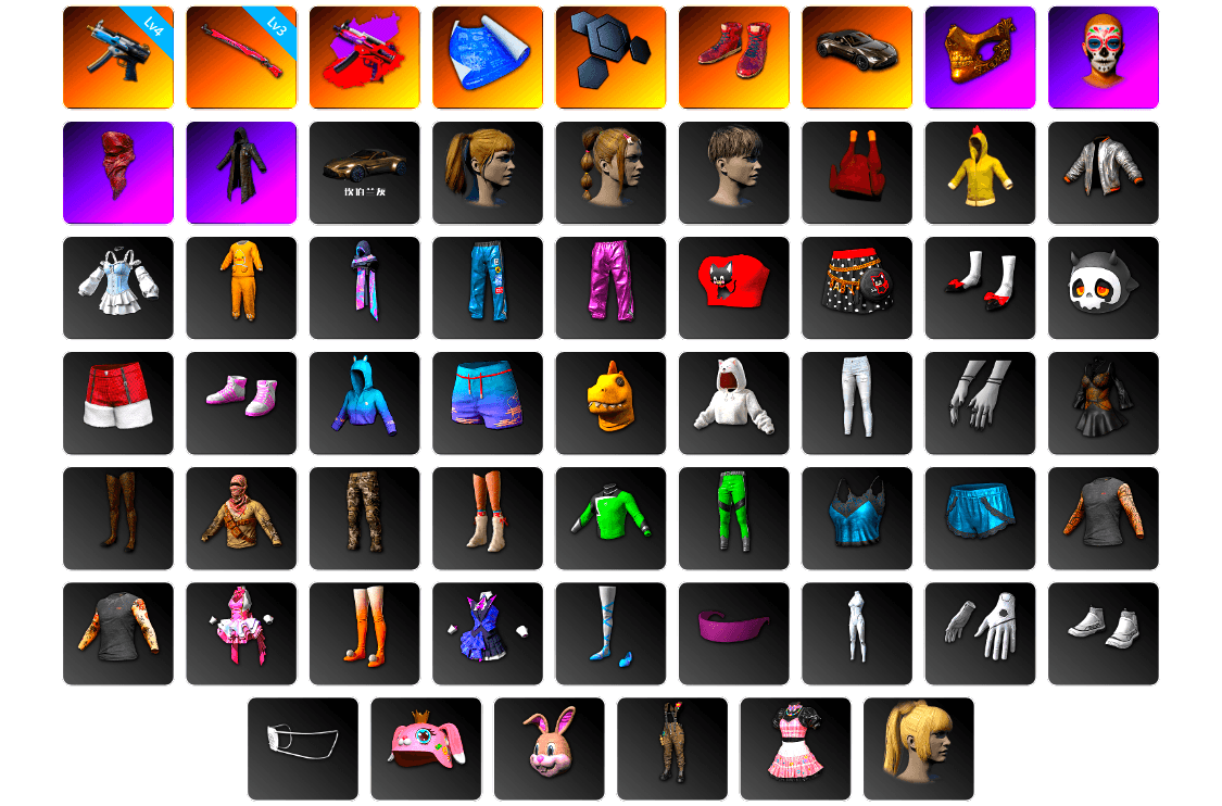 Hi-top Trainers (Red), «V12 Vantage Roadster» Sports Car, PGC 2021 Contingent Chaos Mask, PLAYERUNKNOWN's Bandana, Heavy Fur Coat (Black), Harley Quinn's Hair, Bunny Academy Sailor Gloves, Grizz's Mask, MET Asia Series Bomber Jacket