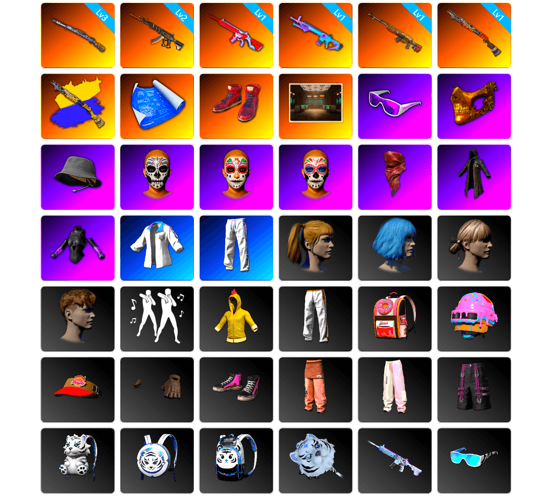 Hi-top Trainers (Red), Secret Showroom, Snow Glasses, PGC 2021 Contingent Chaos Mask, Headset Bucket Hat, PLAYERUNKNOWN's Bandana, Heavy Fur Coat (Black), Harley Quinn's Hair, XingHun's Tiger Strike Jacket, XingHun's Tiger Strike Pants, Exquisite Pants, XingHun's Tiger Strike Snow Glasses, Pigff's Tactical Striker Jacket, Jijing's Shorts, StreamerOne, Grizz's Mask, 2018 PUBG ALL-STAR T-shirt (Korean)