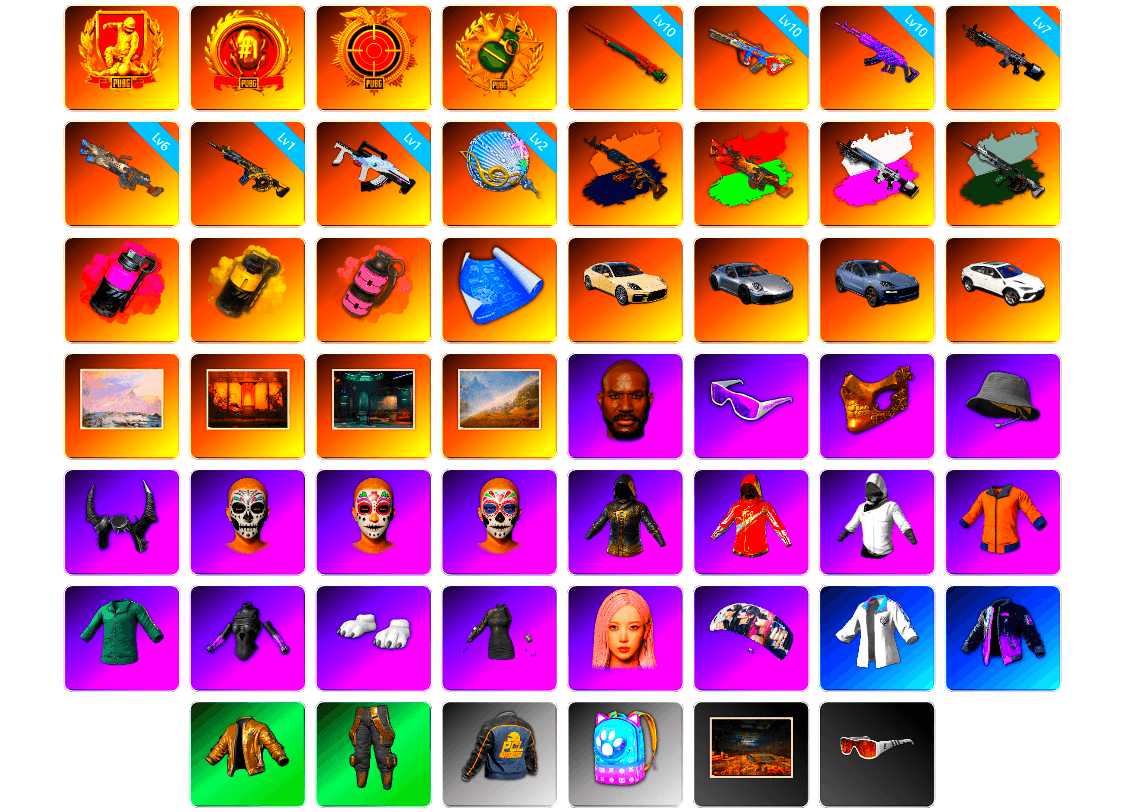 Medusa — Beryl M762 [10], Sun Wukong — M24 [10], Bumper Blaster — AUG [10], Obscura - Mk12 [7], Cerberus — M249 [6], Siren — Pan [2], Absolute Zero — Groza [1], Time Keeper - M416 [1], Obscura - Mk12 (Silver Fuchsia), Time Keeper - M416 (Gray Green), Magenta Smoke Grenade, Magenta Smoke Grenade, Yellow Smoke Grenade, Pink Smoke Grenade, «Panamera Turbo S» Sedan, «911 Carrera GTS» Sports Car, «Cayenne Turbo GT» SUV, «Cayenne Turbo GT» SUV, «Urus S» SUV, Winter Hideout, Weapons Shrine, Jonathan Kamau, Snow Glasses, PGC 2021 Contingent Chaos Mask, Headset Bucket Hat, Demon Biker Horns, WackyJacky101's Jacket, Work Jacket, Training Jacket (Green), PGC 2022 Tac-Tech Shirt, Polar Bear Feet, aespa Stage, Backstreet Garage, Harley Quinn's Hair, Bunny Academy Sailor Gloves, Deadman's Rhythm Makeup, Marigold Mayhem Makeup, Midnight Ritual Makeup, XingHun's Tiger Strike Jacket, PCL 2019 Phase 2 Jacket, Exquisite Pants, XingHun's Tiger Strike Snow Glasses, XiongDi Hoodie, Jijing's Shorts, StreamerOne, Training Jacket (Green), aespa GISELLE, Parachute, Full Autumn — M416, Bunny Academy Gloves, Void — Pan, Blue Thunder Gloves, DOUYU T-shirt