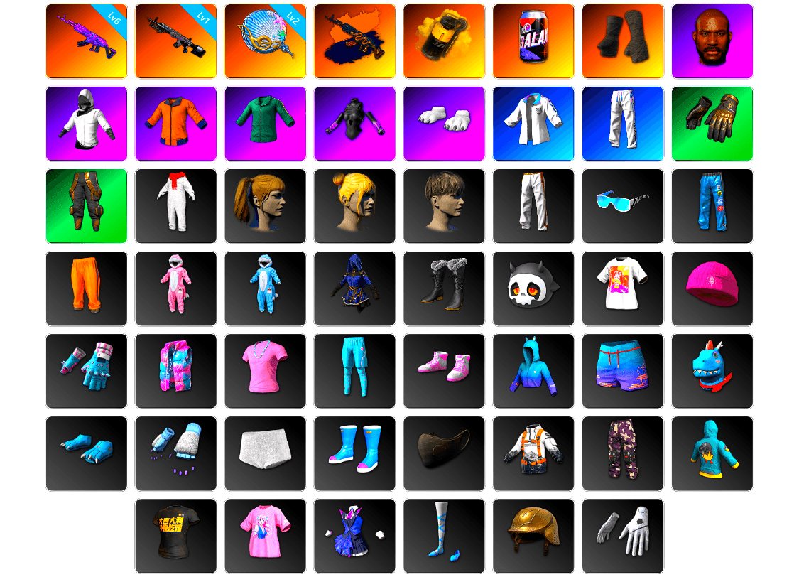 Yellow Smoke Grenade, Duncan's Infiltrator Handwraps, Jonathan Kamau, WackyJacky101's Jacket, Work Jacket, Polar Bear Feet, Harley Quinn's Hair, Bunny Academy Sailor Gloves, XingHun's Tiger Strike Jacket, XingHun's Tiger Strike Pants, Exquisite Pants, XingHun's Tiger Strike Snow Glasses, StreamerOne, Parachute, Full Autumn — M416, Grizz's Mask, GLL Grand Slam Sweatshirt