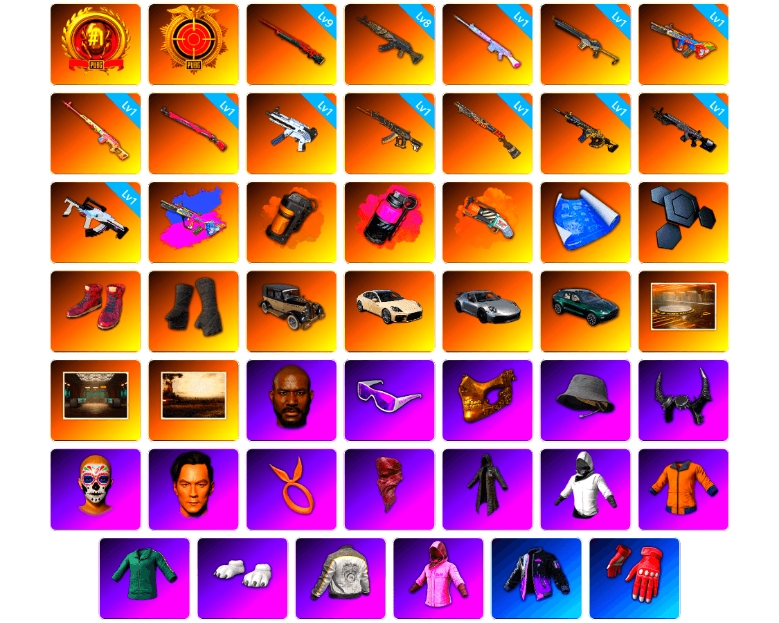 Rest in Pink — Dragunov [1], Orange Smoke Grenade, Magenta Smoke Grenade, Orange Fog of Fury — M79, Hi-top Trainers (Red), Duncan's Infiltrator Handwraps, «Panamera Turbo S» Sedan, «911 Carrera GTS» Sports Car, «DBX707» SUV, Showroom, Secret Showroom, Jonathan Kamau, Snow Glasses, PGC 2021 Contingent Chaos Mask, Headset Bucket Hat, Demon Biker Horns, PLAYERUNKNOWN's Bandana, Heavy Fur Coat (Black), WackyJacky101's Jacket, Work Jacket, Polar Bear Feet, Rash Beixli Xtra Tough Jacket, Harley Quinn's Hair, Bunny Academy Sailor Gloves, Rash Beixli Xtra Tough Jacket, PML 2019 Phase 2 Jacket, «DBX707» SUV, Exquisite Pants, XiongDi Hoodie, Jijing's Shorts, StreamerOne, Winner Winner Chicken Dinner T-Shirt (Red), Training Jacket (Green), Full Autumn — M416, Douyu Biker Jacket, Blue Thunder Gloves, Grizz's Mask, HUYA T-shirt, JiBaoBa, DOUYU T-shirt