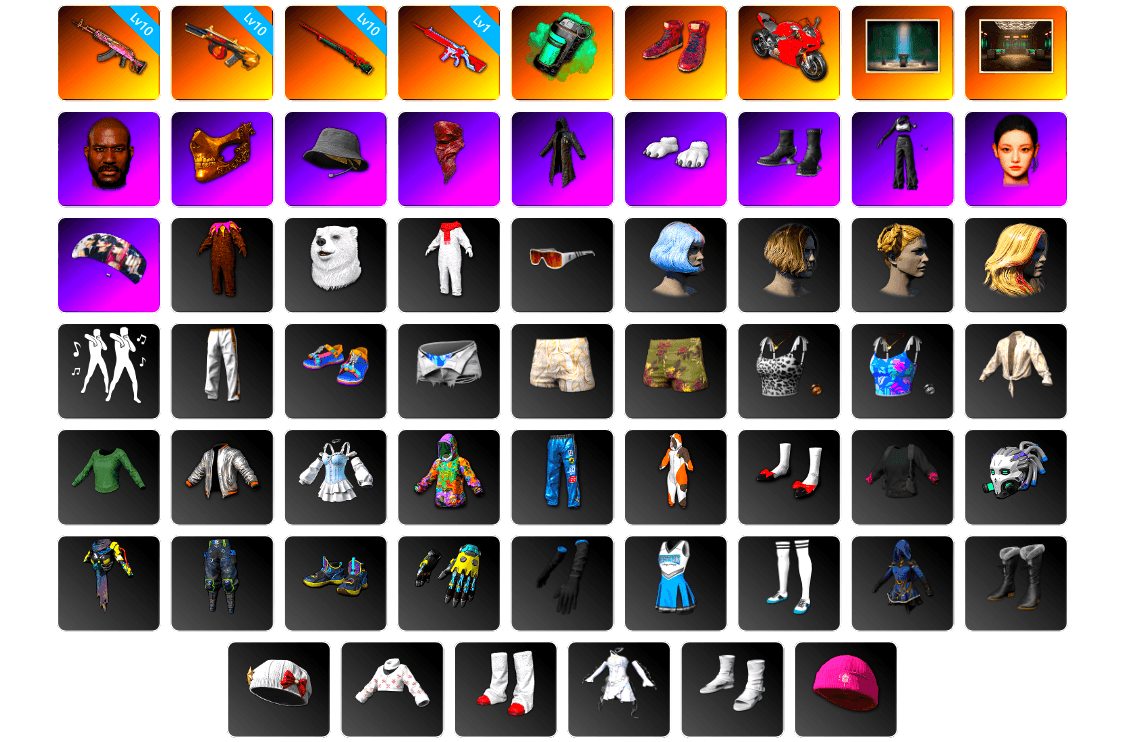 Teal Smoke Grenade, Hi-top Trainers (Red), Chamber of Triumph, Secret Showroom, Jonathan Kamau, PGC 2021 Contingent Chaos Mask, Headset Bucket Hat, PLAYERUNKNOWN's Bandana, Heavy Fur Coat (Black), Polar Bear Feet, aespa Stage, Bunny Academy Sailor Gloves, aespa NINGNING, Exquisite Pants, XiongDi Hoodie, Jijing's Shorts, StreamerOne, Full Autumn — M416, Grizz's Mask, Sideshow Bear Feet