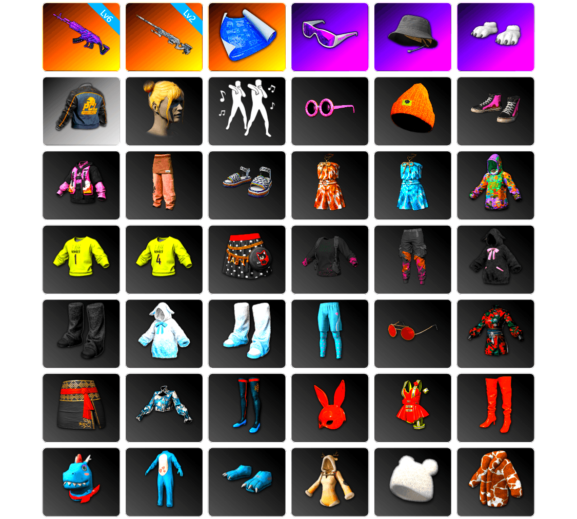 Snow Glasses, Headset Bucket Hat, Polar Bear Feet, Bunny Academy Sailor Gloves, PCL 2019 Phase 2 Jacket, Jijing's Shorts, StreamerOne, Parachute, Festive Gloves (Red), Grizz's Mask, 2018 PUBG ALL-STAR T-shirt (Korean)