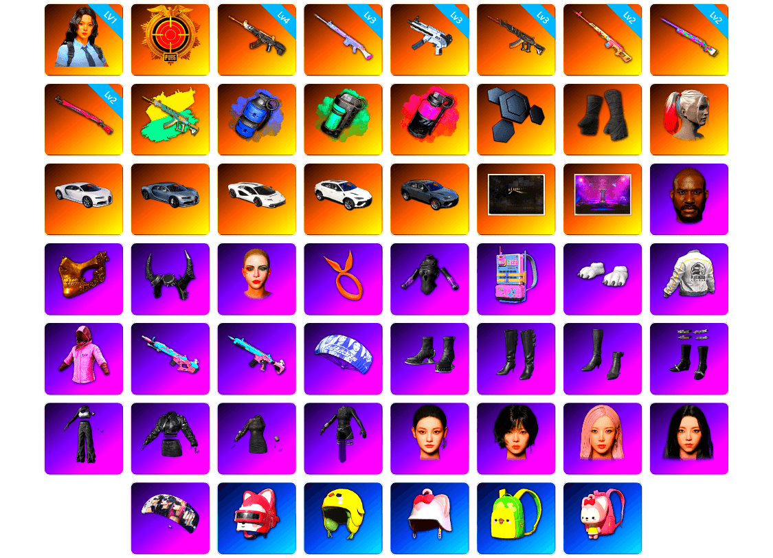 Demon Hunter — ACE32 [4], Demon's Touch — ACE32 [3], ZERO-G — MP5K [3], Deadly Dollhouse — SLR [3], Midnight Menace — Kar98k [2], Over the Rainbow — M24 [2], Rest in Pink — Dragunov [2], Hanna [1], Blue Smoke Grenade, Teal Smoke Grenade, Magenta Smoke Grenade, Magenta Smoke Grenade, Duncan's Infiltrator Handwraps, Harley Quinn's Hair, «Chiron» Sports Car, «Chiron» Sports Car, «Countach LPI 800-4» Sports Car, «Urus S» SUV, Secret Showroom, Jonathan Kamau, PGC 2021 Contingent Chaos Mask, Demon Biker Horns, PGC 2022 Tac-Tech Shirt, Polar Bear Feet, Rash Beixli Xtra Tough Jacket, aespa Stage, Harley Quinn's Hair, Bunny Academy Sailor Gloves, Rash Beixli Xtra Tough Jacket, Harley Quinn's Makeup, PEL 2019 Phase 2 Jacket, Parachute, aespa NINGNING, PCL 2019 Phase 2 Jacket, PKL 2019 Phase 2 Jacket, MET Asia Series Bomber Jacket, LINE FRIENDS CHOCO SET, StreamerOne, LINE FRIENDS SALLY SET, aespa KARINA, aespa WINTER, aespa GISELLE, Bunny Academy Gloves, Diva Glasses (White), Headset Bucket Hat, Grizz's Mask