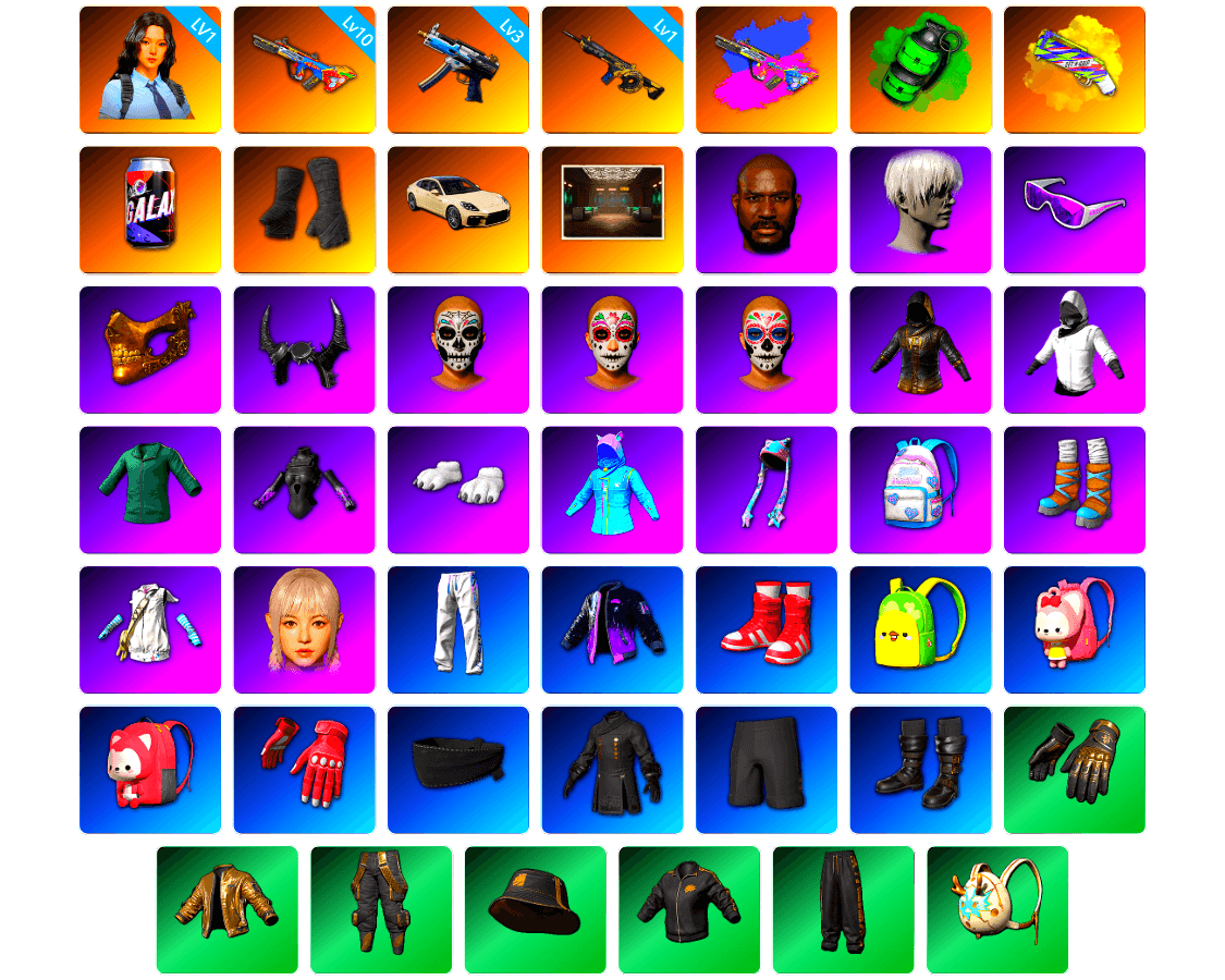Emerald Smoke Grenade, Yellow Fog of Fury — M79, Duncan's Infiltrator Handwraps, «Panamera Turbo S» Sedan, Secret Showroom, Jonathan Kamau, 9S's Hairstyle, Snow Glasses, PGC 2021 Contingent Chaos Mask, Demon Biker Horns, WackyJacky101's Jacket, Polar Bear Feet, Aixleft's Gaming Streamer Hoodie, Bunny Academy Sailor Gloves, PUBG X NEWJEANS DANIELLE SET, XingHun's Tiger Strike Pants, PJS 2019 Phase 2 Jacket, Aixleft's Gaming Streamer Hoodie, XiongDi Hoodie, MET Asia Series Bomber Jacket, Jijing's Shorts, StreamerOne, Full Autumn — M416, Shark Bite - Kar98k, Grizz's Mask, Sideshow Bear Feet