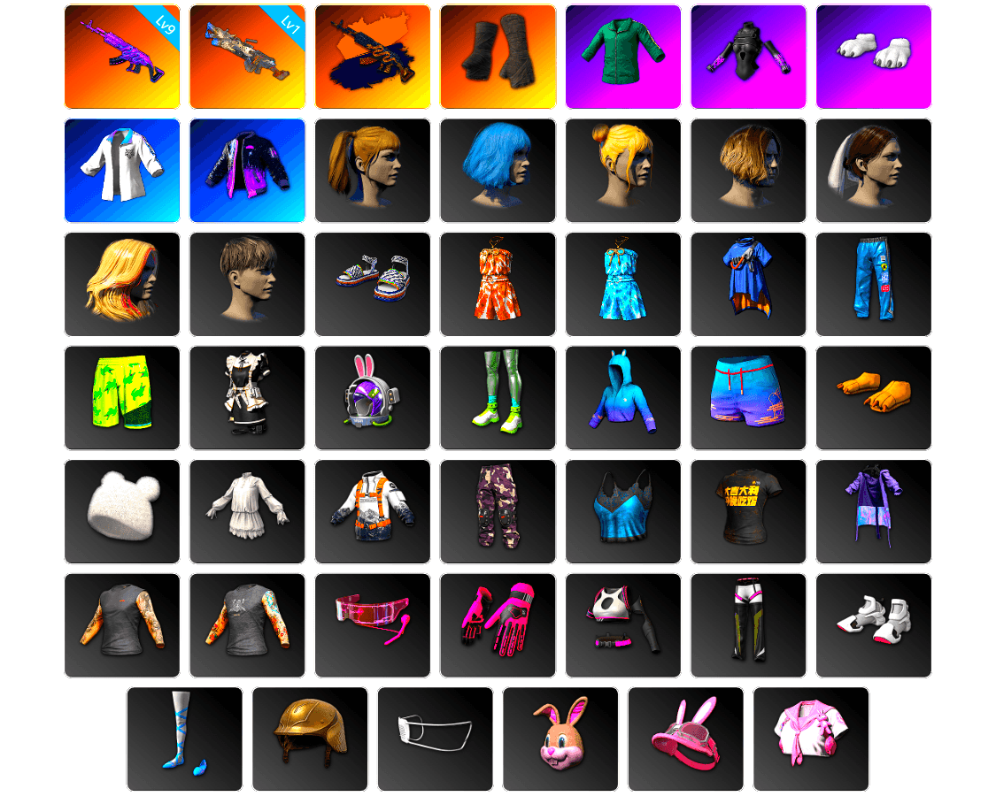 Duncan's Infiltrator Handwraps, Polar Bear Feet, Harley Quinn's Hair, Bunny Academy Sailor Gloves, XingHun's Tiger Strike Jacket, StreamerOne, Parachute, Grizz's Mask