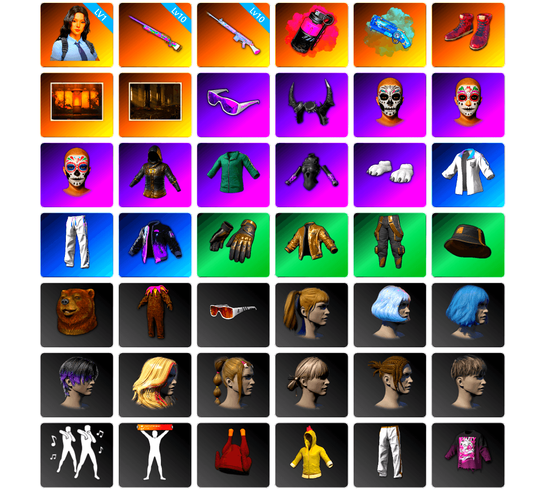 Magenta Smoke Grenade, Blue Magical Mist — M79, Hi-top Trainers (Red), Weapons Shrine, Snow Glasses, Demon Biker Horns, Polar Bear Feet, Harley Quinn's Hair, Bunny Academy Sailor Gloves, Nostalgia, XingHun's Tiger Strike Jacket, XingHun's Tiger Strike Pants, Exquisite Pants, XingHun's Tiger Strike Snow Glasses, Pigff's Tactical Striker Jacket, StreamerOne, GPT 2025 Four Angry Men Jacket, Training Jacket (Green), Parachute, Blue Thunder Gloves, MET Asia Series Bomber Jacket, HUYA T-shirt, JiBaoBa, DOUYU T-shirt, Sideshow Bear Feet, LINE FRIENDS SALLY SET