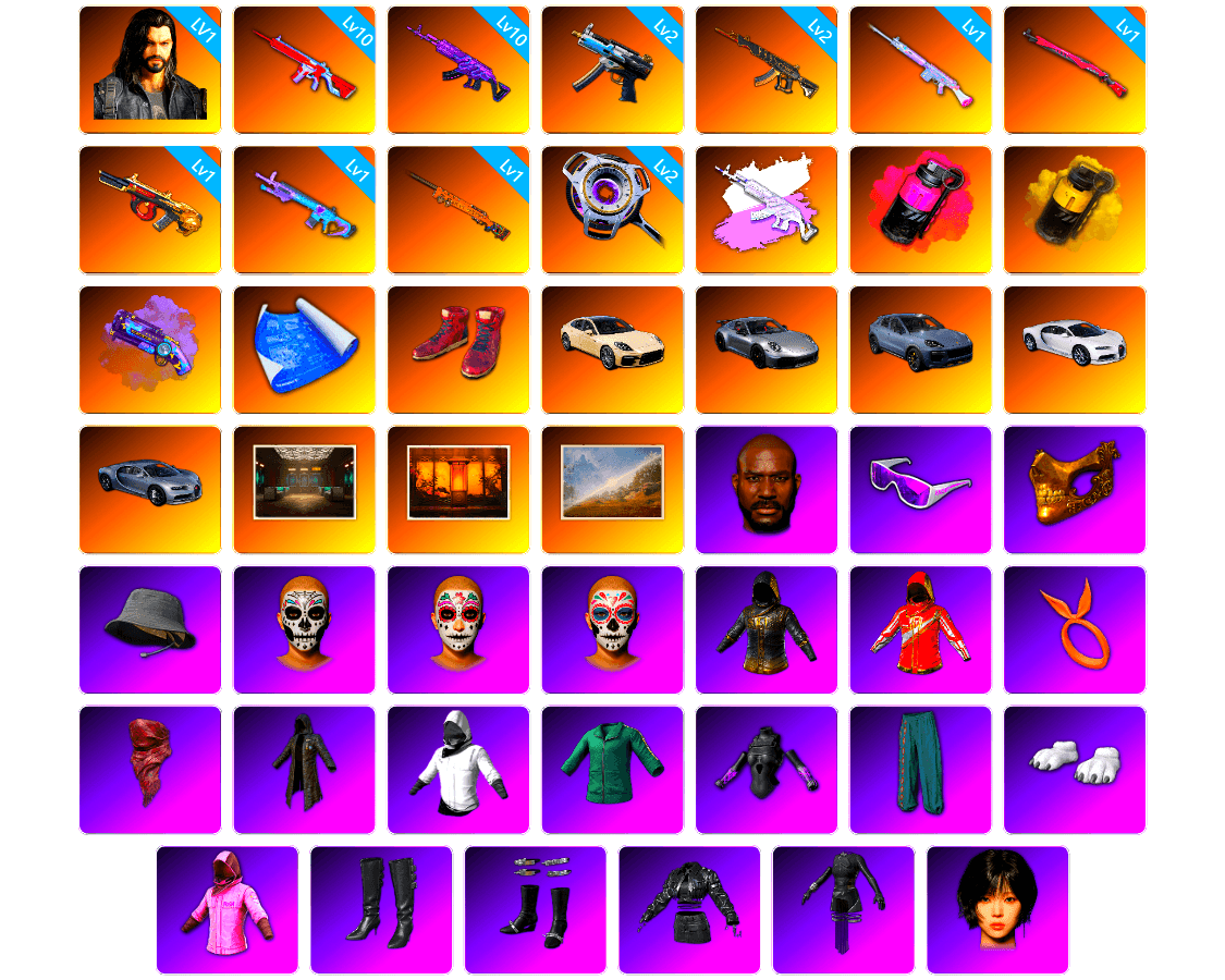 Medusa — Beryl M762 [10], No Signal — M416 [10], Demon's Touch — ACE32 [2], Winter Eclipse — MP5K [2], Void — Pan [2], Minotaur — AUG [1], Hocus Focus — Mk12 [1], Midnight Menace — Kar98k [1], Final Serenade — M24 [1], Deadly Dollhouse — SLR [1], Dorian [1], Magenta Smoke Grenade, Magenta Smoke Grenade, Yellow Smoke Grenade, Purple Magical Mist — M79, Hi-top Trainers (Red), «Panamera Turbo S» Sedan, «911 Carrera GTS» Sports Car, «Cayenne Turbo GT» SUV, «Cayenne Turbo GT» SUV, «Chiron» Sports Car, «Chiron» Sports Car, Secret Showroom, Weapons Shrine, Jonathan Kamau, Snow Glasses, PGC 2021 Contingent Chaos Mask, Headset Bucket Hat, PLAYERUNKNOWN's Bandana, Heavy Fur Coat (Black), WackyJacky101's Jacket, Training Jacket (Green), PGC 2022 Tac-Tech Shirt, Polar Bear Feet, Rash Beixli Xtra Tough Jacket, aespa Stage, Backstreet Garage, Bunny Academy Sailor Gloves, Rash Beixli Xtra Tough Jacket, Deadman's Rhythm Makeup, Marigold Mayhem Makeup, Midnight Ritual Makeup, XingHun's Tiger Strike Jacket, XingHun's Tiger Strike Pants, NPL 2019 Phase 2 Jacket, Exquisite Pants, XingHun's Tiger Strike Snow Glasses, Pigff's Tactical Striker Jacket, Heybox Gloves, Bunny Academy Gloves, MET Asia Series Distressed Jeans, Heavy Fur Coat (Black), Jijing's Shorts, LINE FRIENDS CHOCO SET, StreamerOne, GPT 2025 Four Angry Men Jacket, Training Jacket (Green), Parachute, aespa KARINA, aespa WINTER, Full Autumn — M416, Blue Thunder Gloves, Shunwang Lucky Red Gloves, «V12 Vantage Roadster» Sports Car, Grizz's Mask, JiBaoBa