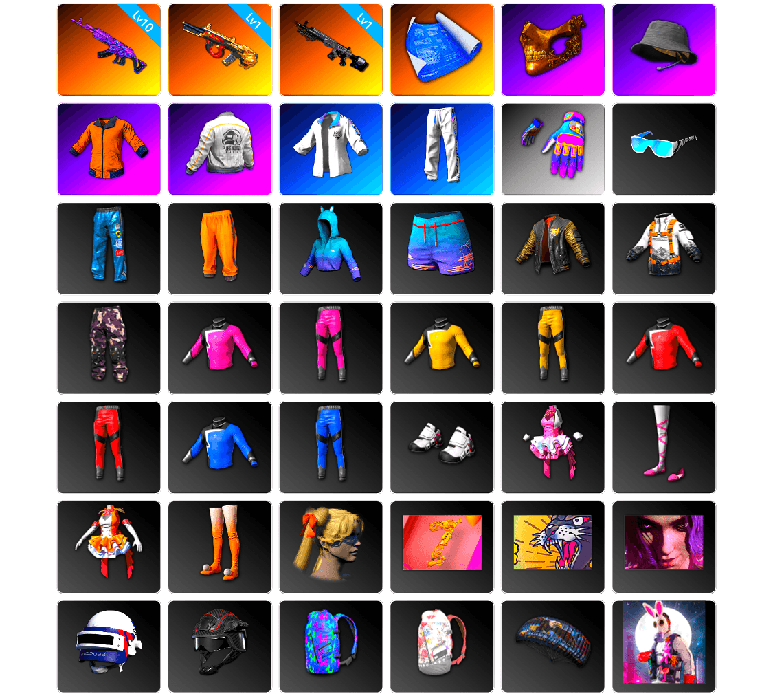 PGC 2021 Contingent Chaos Mask, Headset Bucket Hat, Work Jacket, PEL 2019 Phase 2 Jacket, XingHun's Tiger Strike Jacket, XingHun's Tiger Strike Pants, Aixleft's Gaming Streamer Hoodie, XingHun's Tiger Strike Snow Glasses, MET Asia Series Bomber Jacket, Grizz's Mask