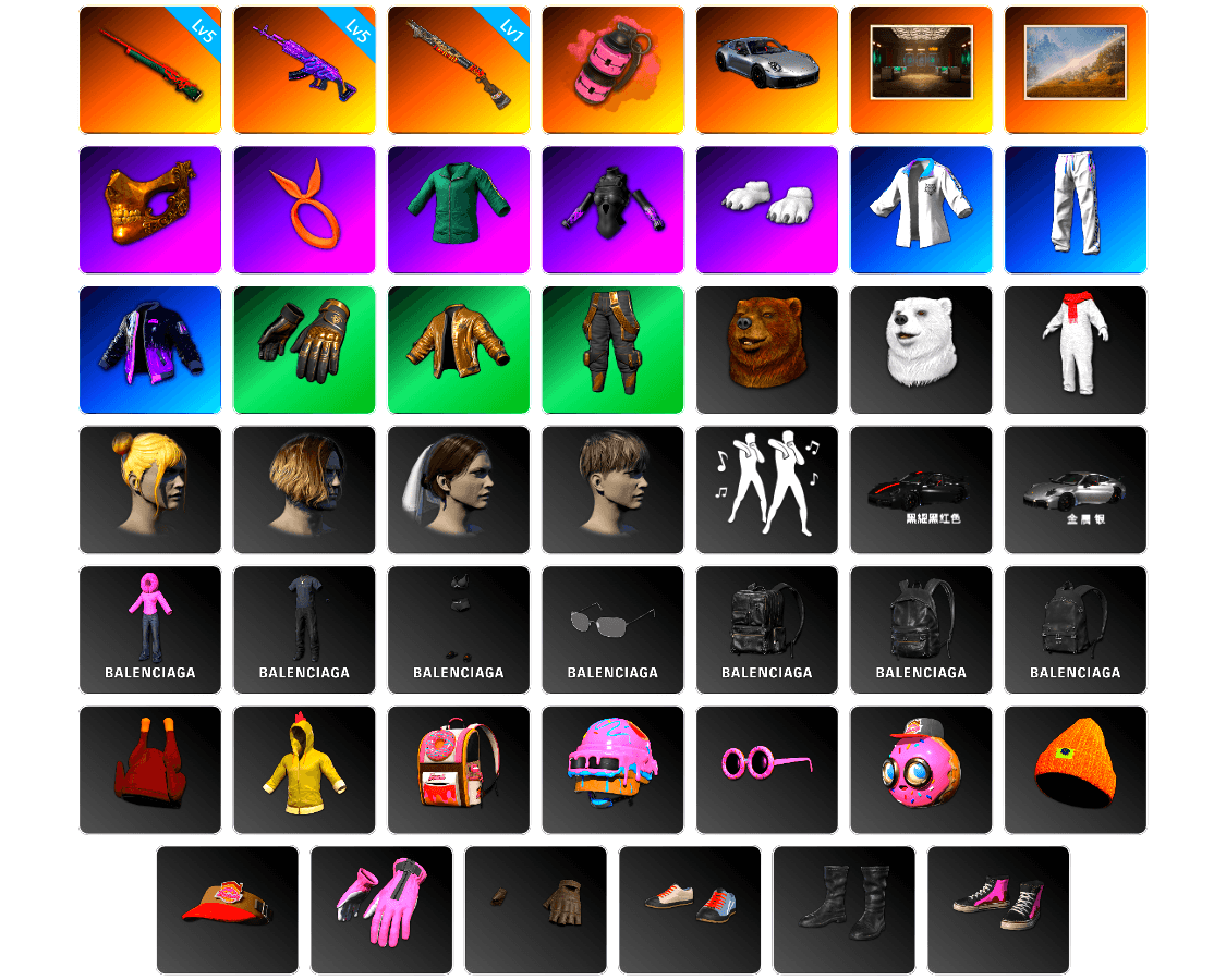 Pink Smoke Grenade, «911 Carrera GTS» Sports Car, Secret Showroom, PGC 2021 Contingent Chaos Mask, Polar Bear Feet, Bunny Academy Sailor Gloves, XingHun's Tiger Strike Jacket, XingHun's Tiger Strike Pants, XingHun's Tiger Strike Snow Glasses, StreamerOne, Grizz's Mask