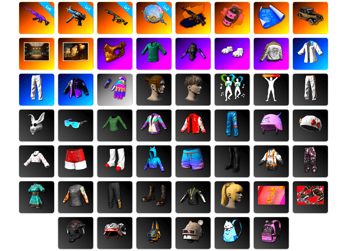 Pink Smoke Grenade, Secret Showroom, PGC 2021 Contingent Chaos Mask, Polar Bear Feet, Desolate Warehouse, PML 2019 Phase 2 Jacket, XingHun's Tiger Strike Jacket, XingHun's Tiger Strike Pants, Aixleft's Gaming Streamer Hoodie, Exquisite Pants, XingHun's Tiger Strike Snow Glasses, Parachute, Blue Thunder Gloves, Grizz's Mask