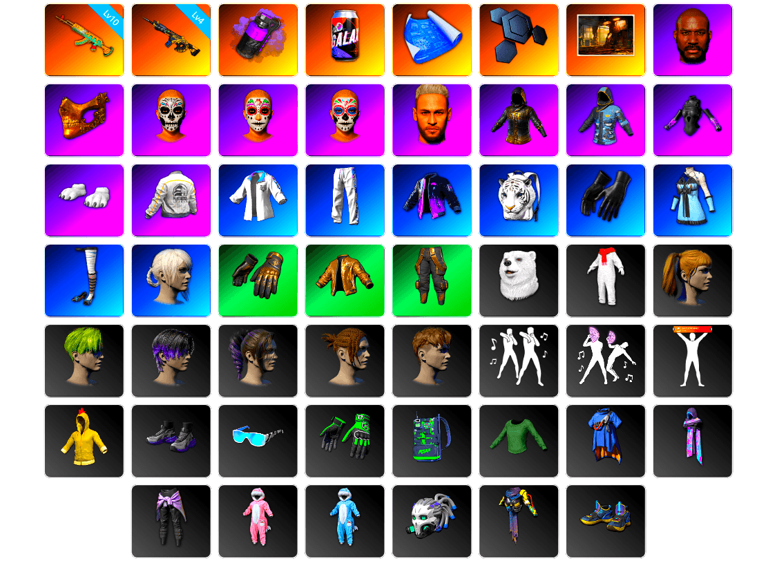 Purple Smoke Grenade, Jonathan Kamau, PGC 2021 Contingent Chaos Mask, Polar Bear Feet, Harley Quinn's Hair, Hairstyle PGI.S, Bunny Academy Sailor Gloves, Desolate Warehouse, PEL 2019 Phase 2 Jacket, XingHun's Tiger Strike Jacket, XingHun's Tiger Strike Pants, XingHun's Tiger Strike Snow Glasses, NH-Esports Jacket, Parachute, NH-ESPORTS - Beryl M762, GLL Grand Slam Sweatshirt, LINE FRIENDS SALLY SET