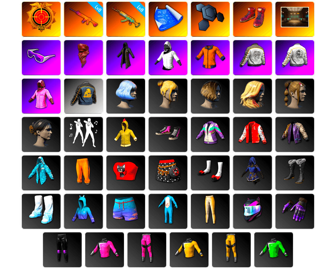 Hi-top Trainers (Red), Secret Showroom, Snow Glasses, PLAYERUNKNOWN's Bandana, Heavy Fur Coat (Black), WackyJacky101's Jacket, Work Jacket, Rash Beixli Xtra Tough Jacket, Bunny Academy Sailor Gloves, Rash Beixli Xtra Tough Jacket, PML 2019 Phase 2 Jacket, PEL 2019 Phase 2 Jacket, PCL 2019 Phase 2 Jacket, StreamerOne, Winner Winner Chicken Dinner T-Shirt (Red), Full Autumn — M416, Grizz's Mask, LINE FRIENDS SALLY SET